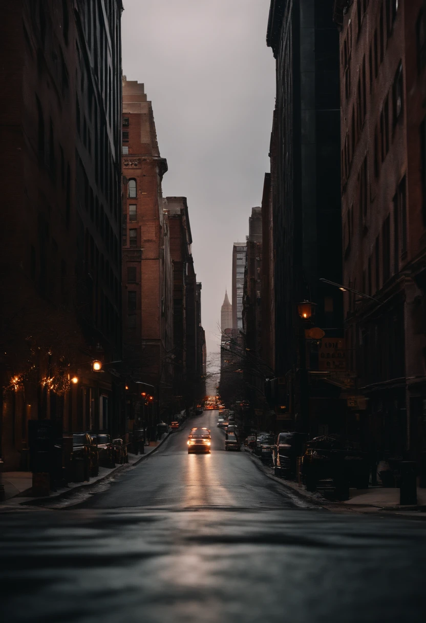 Photo of a semi-dark road on a creepy street in New York, photo RAW, 8K UHD, Film Grain, ((bokeh)) f/4, 16:9, 5 sec., Color Kinematics, octane number, a photo of a, Leica M11 imitation camera, Generate, Watercolor technique, Poster design, 300 dpi, soft-lighting, Ethereal art, mysterious, serene expression, Enchanting atmosphere, bokeh, photo, 8K, Dark, Dynamic action, pale blurry style, dreamy, Nostalgic, soft focus, Dark vignetting,