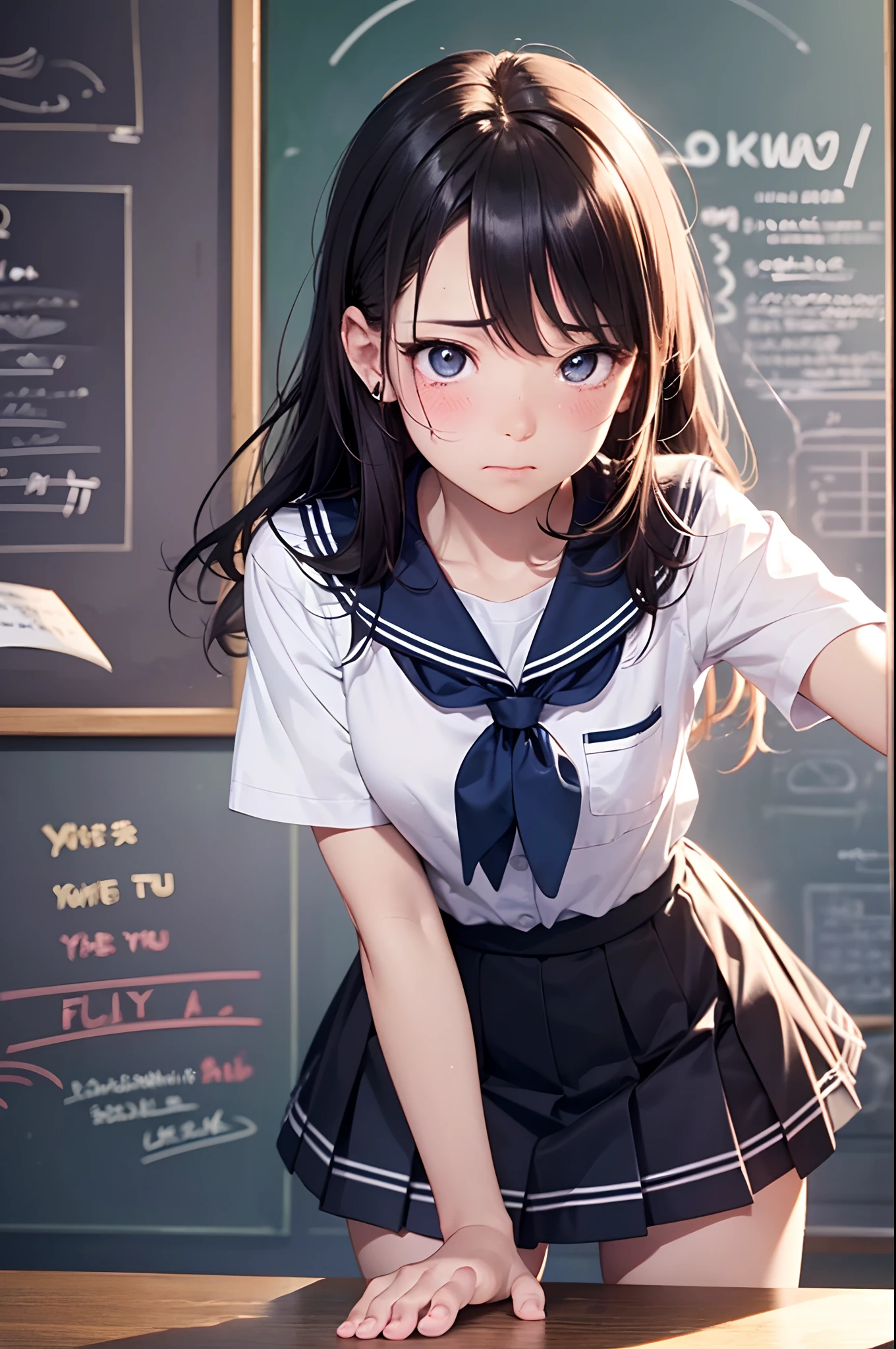 (Official art、Best Quality、Unity 8k Wallpapers、32K、masterpiece、ultra-detailliert、超A high resolution、realisitic、Photorealsitic:1.2)、(Cinematic lighting:1.2)、Fireglow effect、film grains、Best Shadows、Rim lighting、side lights、(Ultra-detailed and complex 3D rendering)、(From below:1.4)、Sharp pupils、Realistic pupils、cowboy shot, Highly detailed background、beauitful face、blurry backround、a beauty girl、(super detailed skin、detailed skin textures:1.3)、a sailor suit、Dark blue pleated skirt、thighs thighs thighs thighs、white sock、(Stretch your back、Toe stand:1.3)、(Write on the chalkboard、Have chalk、The skirt is rolled up:1.2)、White panties are visible、Flustered expression、Teary-eyed、Embarrassed look