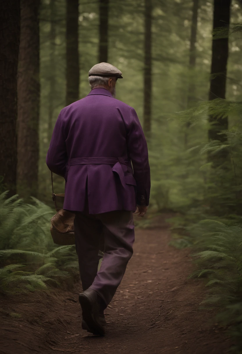 Generate Sigmund Freud wears a purple safari jacket and a carrier bag and outdoor pants while exploring the forest