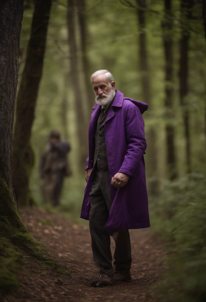 Generate Sigmund Freud wears a purple safari jacket and a carrier bag and outdoor pants while exploring the forest