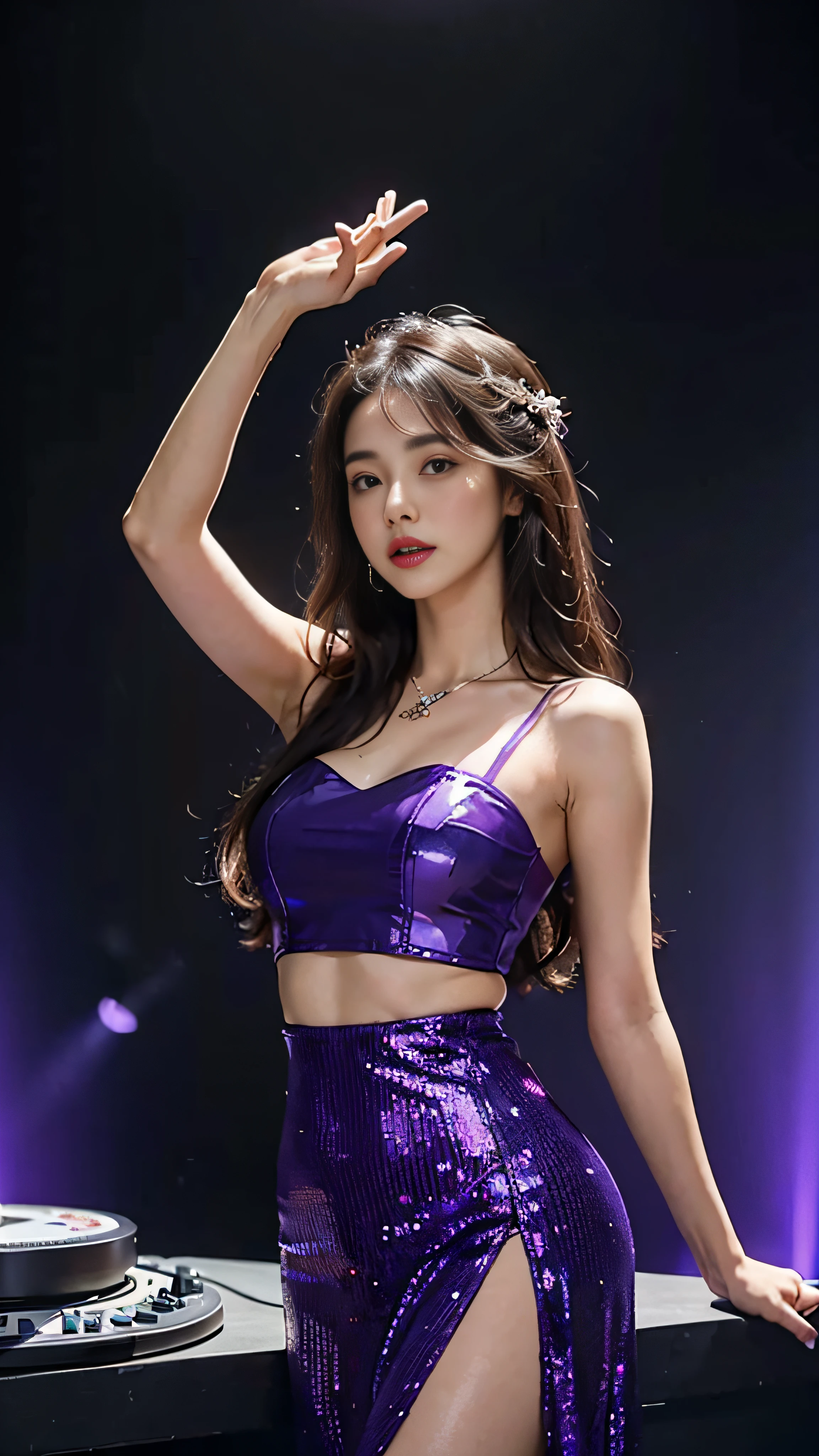 8K, ultra hd, masterpiece, 1 girl, good face, long hair, detailed eyes, glossy lips, medium breast, princess dress, purple dress, strap dress, bare waist, lace, necklace, jewellery, night view, dj party, in the club, purple lighting, dancing poses,