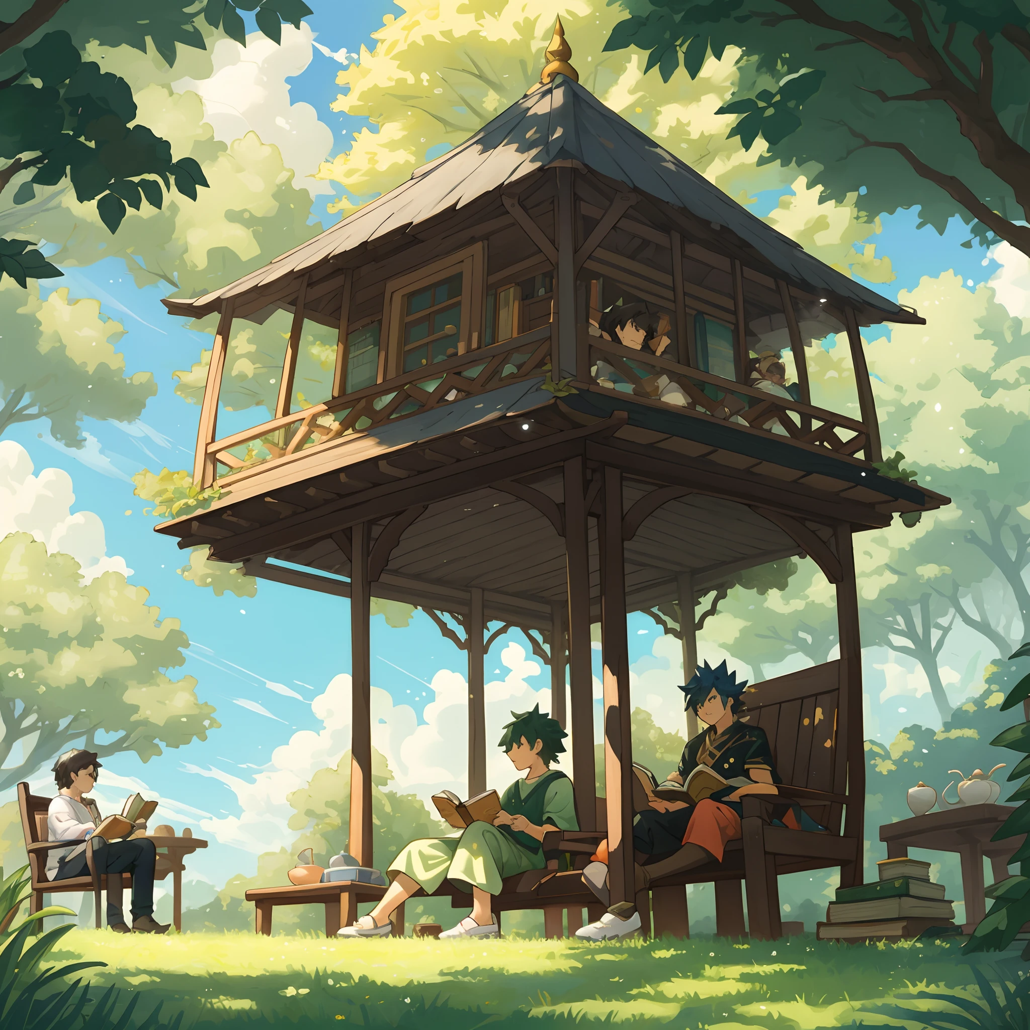 A fan-created illustration capturing a casual day in the life of a Black female protagonist with the power to control plants, and a South Asian male protagonist with the power of flight from a famous fantasy battle manga, They are relaxing in a sunlit park, reading books and enjoying a peaceful afternoon tea, surrounded by lush greenery and floating gently above them are small islands, suitable for a fan-created work that could be shared on platforms like Pixiv or Twitter,
