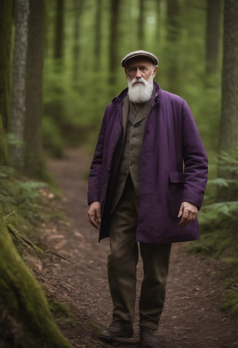 Generate Sigmund Freud wears a purple safari jacket and a carrier bag and outdoor pants while exploring the forest