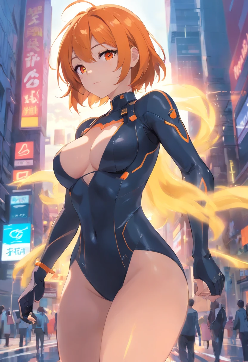 ​masterpiece、top-quality、Movie stills、1 female、Orange hair、Colossal tits、Big ass、black rubber suit、yellow  eyes、thick thighs、a short bob、wide hips、Thigh muscles、(Spark:0.7)、Best Quality