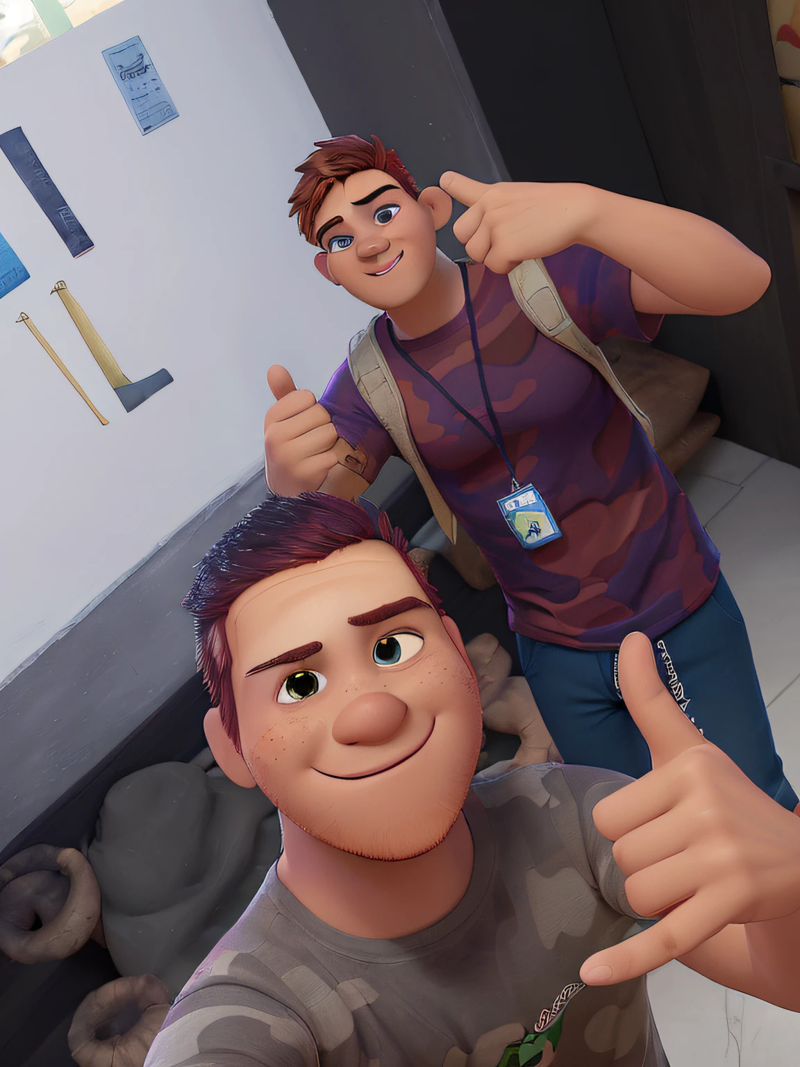 dois homens moreno um de olhos castanhos com um de olheiras de blusa camuflada e o outro de de olhos castanhos com olheiras blusa roxa com um crachar e um cordao estilo disney pixar alta qualidade melhor qualidade