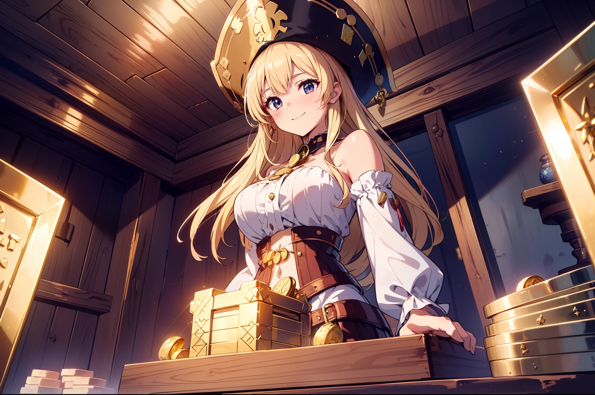 1  girl, pirate , pirate hat , (gold color lighting), sitting, (front), cowboy shot, (wide shot:1.1) , (from below:0.9), (smile ), ((Glint)), (((many gold coins))),((( many treasure ))), (((many gold bars ))), (Treasure box ), high resolution,(incredibly absurdres),anime visual,extremely detailed CG unity 8k wallpaper, ((masterpiece)), ((top-quality)), (beautiful illustration), ((an extremely delicate and beautiful))