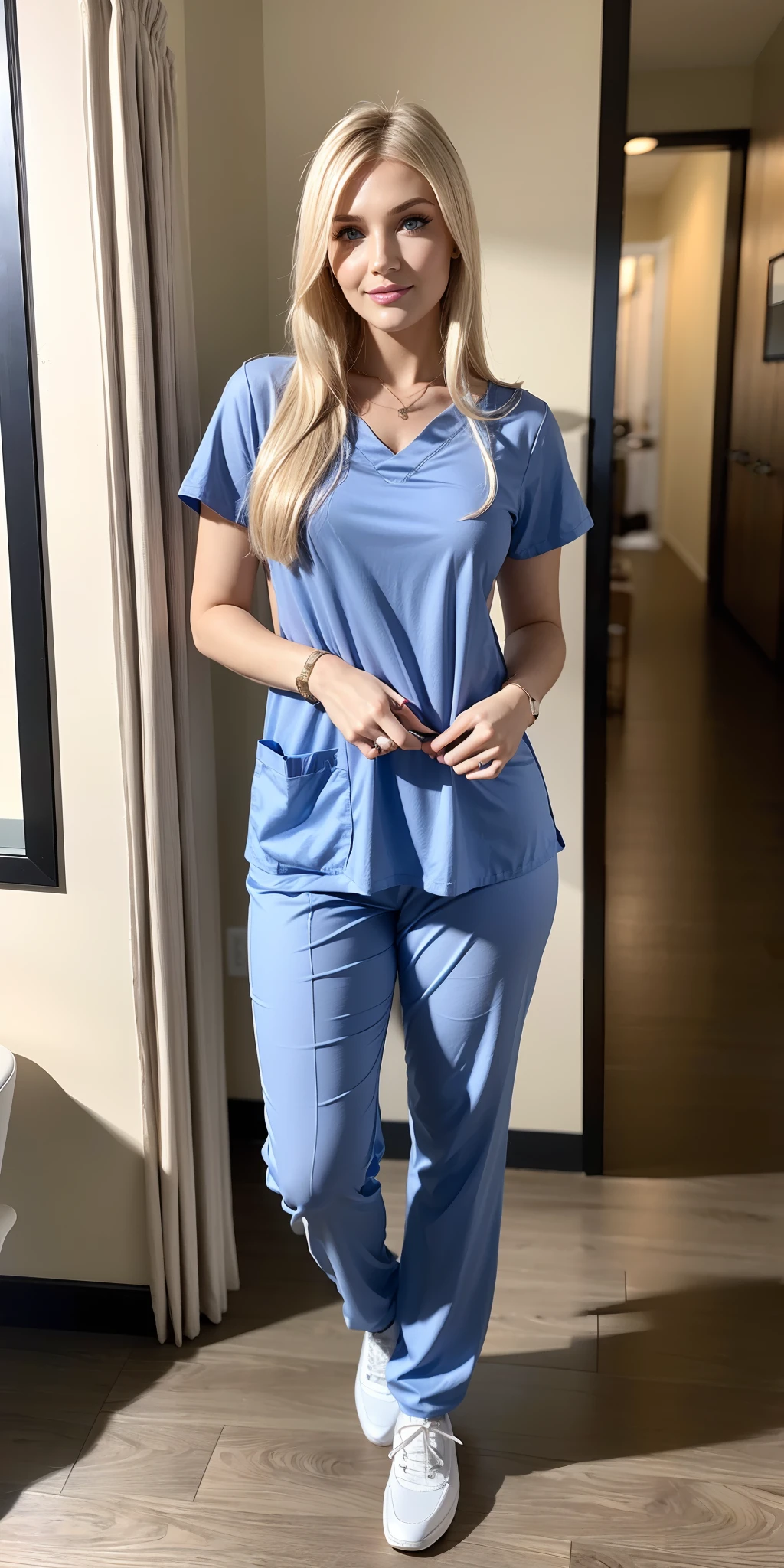 Allie Dunn, blond hair, Blue eyes, Outfit: Embrace a professional and stylish look as a nurse, while maintaining modesty. Opt for a fitted scrub top with a higher neckline, paired with comfortable and functional scrub pants. Add a unique twist with a patterned or colorful scrub set. Choose comfortable and supportive shoes suitable for long shifts. Accessorize with a cute badge reel and a sleek watch. Venue: A modern and well-organized hospital or clinic with bright and clean hallways and patient rooms. Decoration: Keep the decor simple and functional, with comfortable seating and soothing colors. Add personalized touches like motivational quotes or uplifting artwork to create a positive and calming atmosphere. BREAK, looking at viewer, masterpiece, best quality, highly detailed, desire, blush, (Beautiful and detailed eyes description), (beautiful and detailed face), Perfect female body, (Best Quality), (ultra-detailed), (master piece), (hight resolution), (Original), (the Extremely Detailed CG Unity 8K Wallpapers)