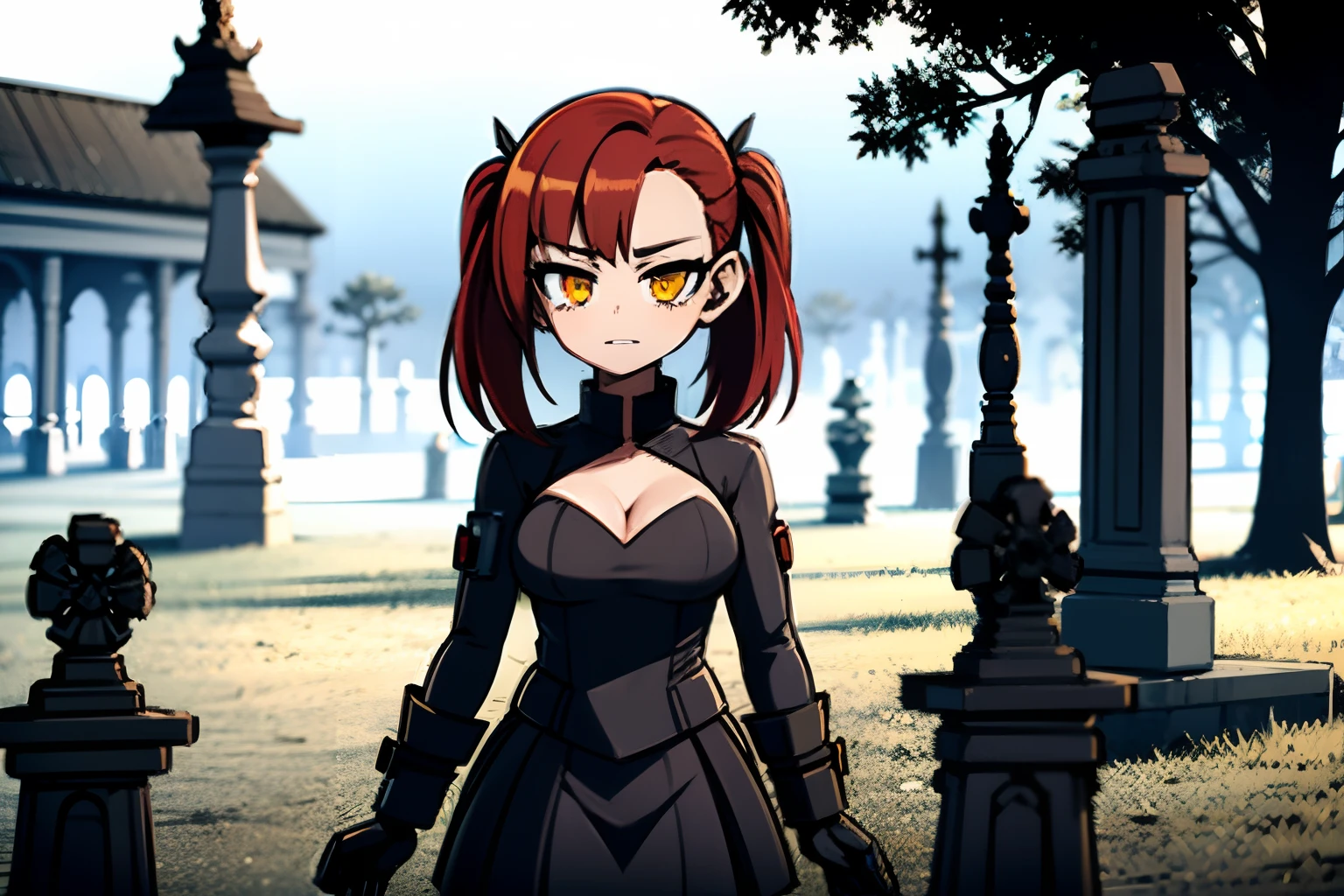 young woman, red hair, yellow eyes, black dress, twintails, black boots, gothic ****ta, goth, white flowers in scenerie, 4k, in a cemetery, 4k, cloudy time, grey sky, looking at viewer, mannequins behind