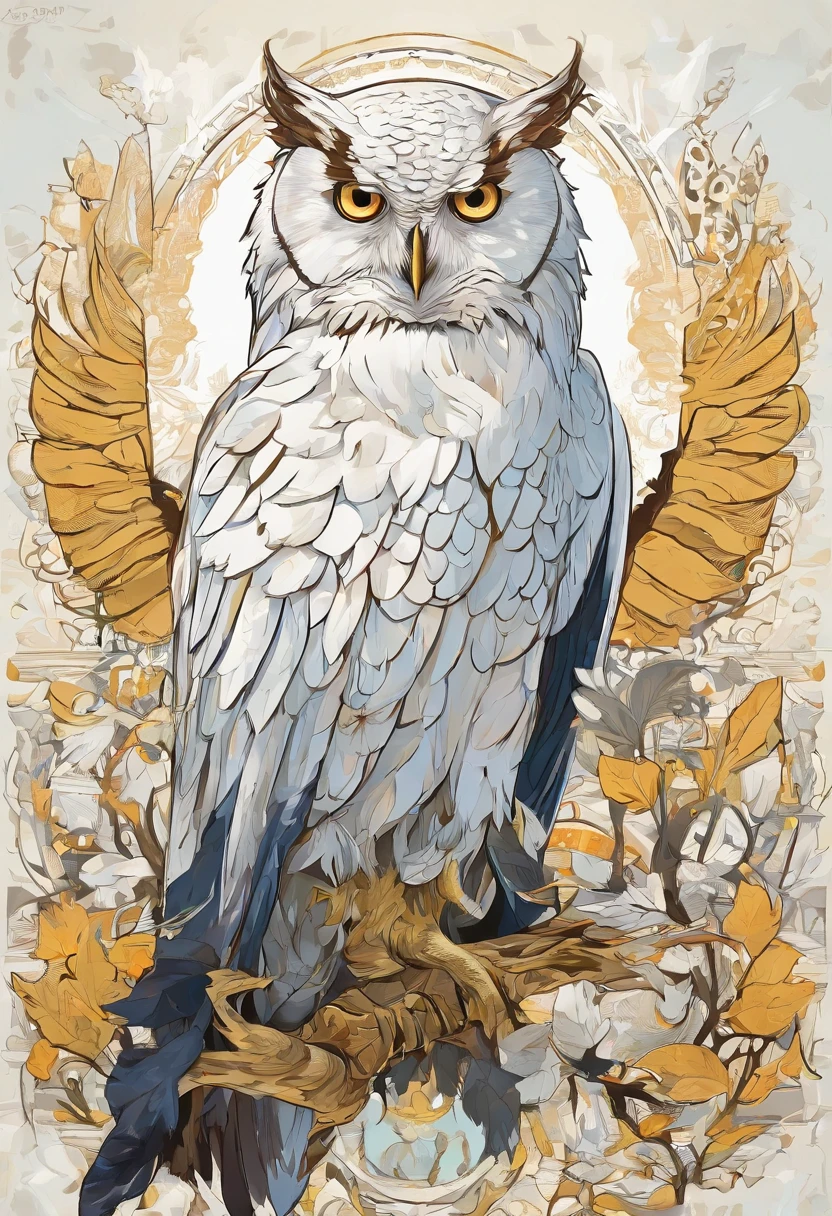 Surrealist art style (A huge pure bald eagle stands on Athena's shoulder), (Pure white owl: 1.37), Pure white owl, Pure white owl, (Stand on the shoulder: 1.37) The owl's face is round, (wide blue eyes: 0.8), very large eyes, Short curved beak, Thick, Pure white feathers, The owl's talons are very stout, Pure white, It is a unique and beautiful creature，The wonders and wisdom of nature are on display,(Stand on Athena's shoulders),
(The left half of Athena's body: 0.8), The eyes of the goddess were bright and large, Charming and majestic, Her facial contours are elegant and refined, Her Greek nose is straight, Her hair is blonde or dark, Long and smooth, Her mouth is often pursed tightly, Show her determination and determination. Her skin is fair and flawless, ivory skin, Dignified and beautiful, Shining golden light, Wearing an olive branch,,{{Masterpiece}}, {{{Best quality}}},{{Ultra-detailed}}, {{illustration}},{{Disheveled hair}},{{Masterpiece}},{{{Best quality}}},{{Ultra-detailed}}, {{{illustration}}},{{Disheveled hair}},concept art of character,Game scene graph,A beautiful painting by Alphonse Mucha,illustration,Masterpiece,Matte painting,Enigmatic Atmosphere,Caricature,Depth of field (degrees of freedom),full bodyesbian,Close up,Dramatic lighting