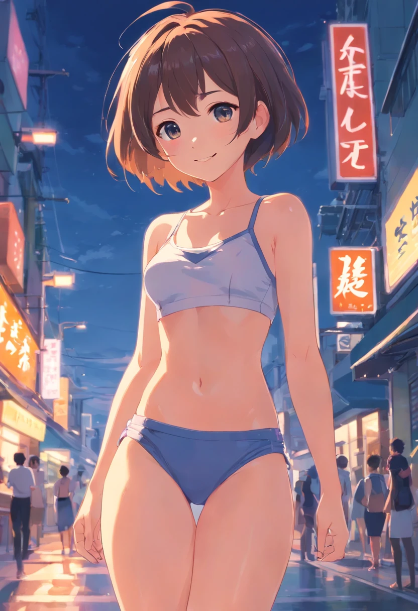 one girl, look at me, short hair, cute, slender, embarrassed, blush, bare legs, teenager, beautiful skin, fascinating, navel, bikini, from side, innocent, smile