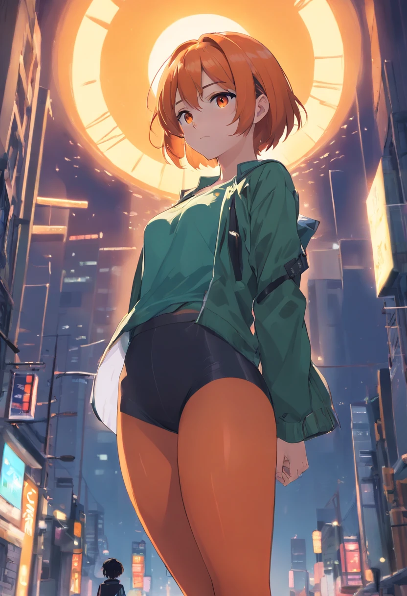 masterpiece、top-quality、Movie stills、1 female、Orange hair、Colossal tits、Big ass、Black tights、yellow eyes、thick thighs、a short bob、wide hips、Thigh muscles、(Spark:0.7)、Best Quality