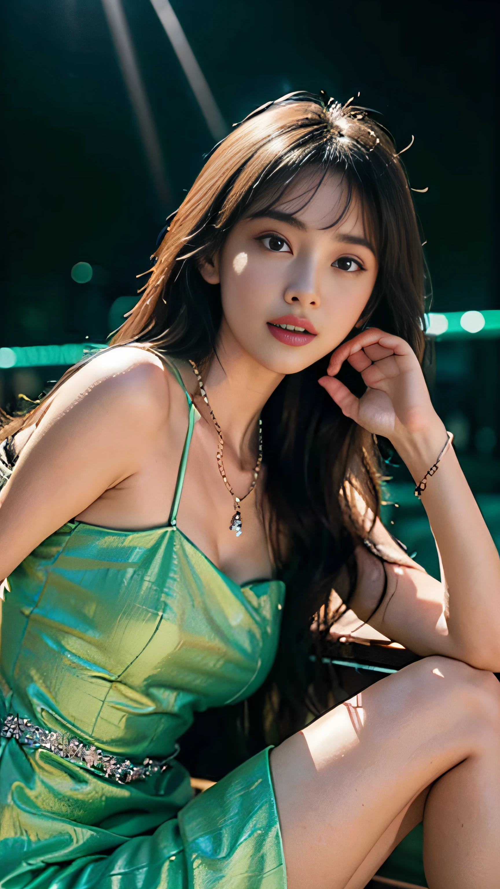 8K, ultra hd, masterpiece, 1 girl, good face, long hair, detailed eyes, glossy lips, medium breast, princess dress, green dress, strap dress, bare waist:1, lace, necklace, jewellery, night view, dj party, in the club, green lighting, sitting poses,