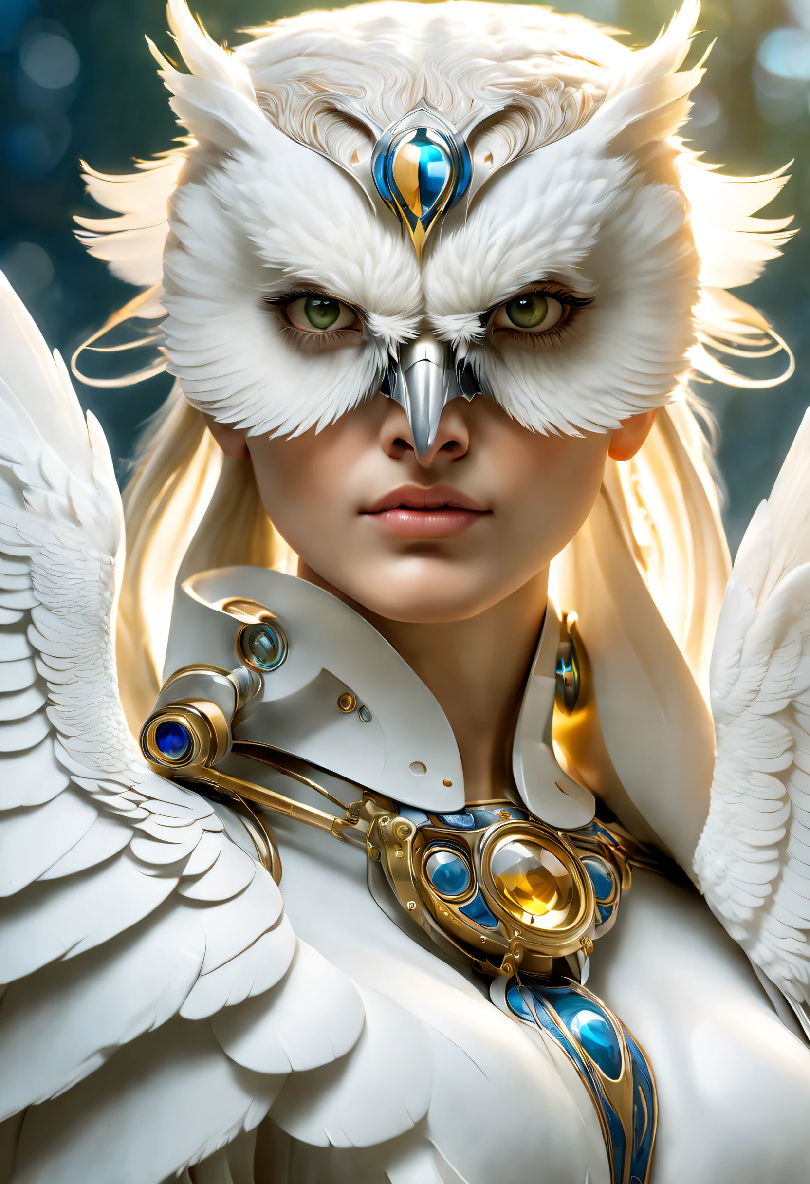 Surrealist art style (A huge pure bald eagle stands on Athena's shoulder), (Pure white owl: 1.37), Pure white owl, Pure white owl, (Stand on the shoulder: 1.37) The owl's face is round, (wide blue eyes: 0.8), very large eyes, Short curved beak, Thick, Pure white feathers, The owl's talons are very stout, Pure white, It is a unique and beautiful creature，The wonders and wisdom of nature are on display,(Stand on Athena's shoulders),
(The left half of Athena's body: 0.8), The eyes of the goddess were bright and large, Charming and majestic, Her facial contours are elegant and refined, Her Greek nose is straight, Her hair is blonde or dark, Long and smooth, Her mouth is often pursed tightly, Show her determination and determination. Her skin is fair and flawless, ivory skin, Dignified and beautiful, Shining golden light, Wearing an olive branch,,{{Masterpiece}}, {{{Best quality}}},{{Ultra-detailed}}, {{illustration}},{{Disheveled hair}},{{Masterpiece}},{{{Best quality}}},{{Ultra-detailed}}, {{{illustration}}},{{Disheveled hair}},concept art of character,Game scene graph,A beautiful painting by Alphonse Mucha,illustration,Masterpiece,Matte painting,Enigmatic Atmosphere,Caricature,Depth of field (degrees of freedom),full bodyesbian,Close up,Dramatic lighting