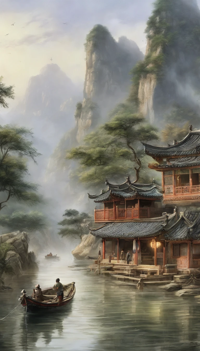Chinese landscape painting，ink and watercolor painting，water ink，ink，Smudge，Faraway view，Ultra-wide viewing angle，Meticulous，Fishing boat vistas，Meticulous，Smudge，low-saturation，Low contrast，The light boat has crossed the Ten Thousand Heavy Mountains，Beautifully depicted，A detailed，acurate，Works of masters，tmasterpiece