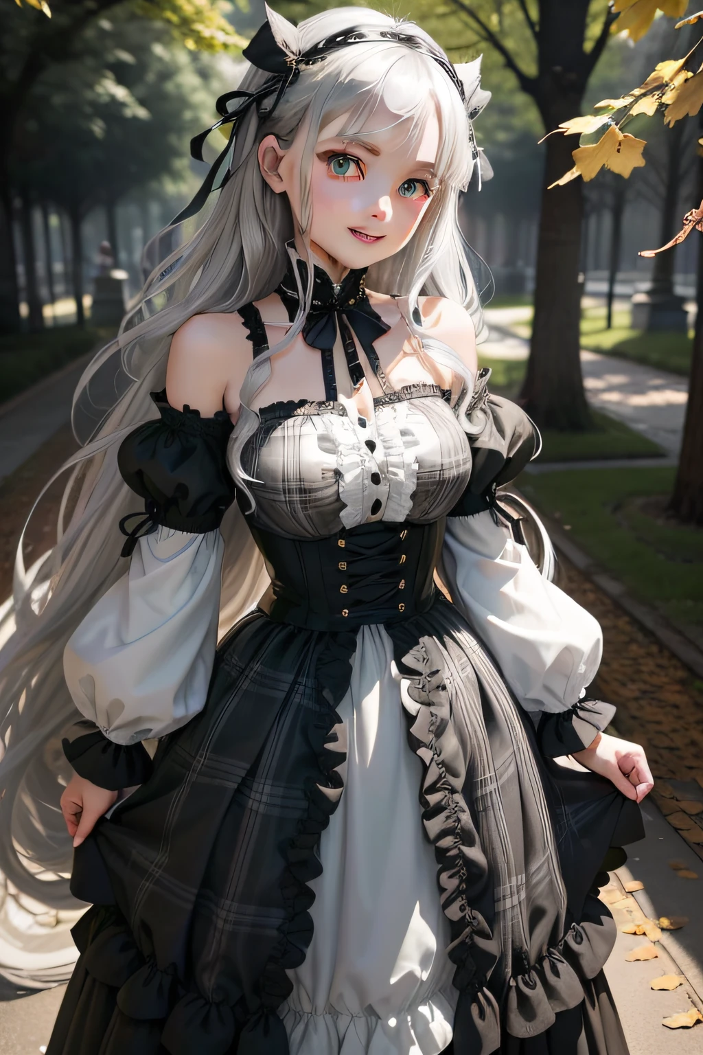 She has long silky silver-gray hair,Bright, Emerald-blue eyes,
Black and white,A short plaid gothic skirt was draped over her body,A fluffy ruffled skirt and a tight tunic create a silhouette reminiscent of ginkgo leaves。And she tied it behind her waist,It's not like an ordinary ribbon。great laughter、