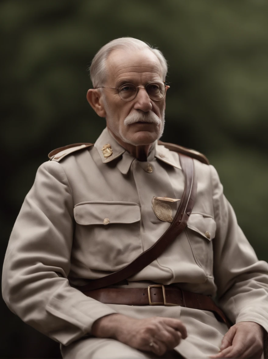 Generate Sigmund Freud wears a purple safari uniform and a carrier bag and outdoor pants