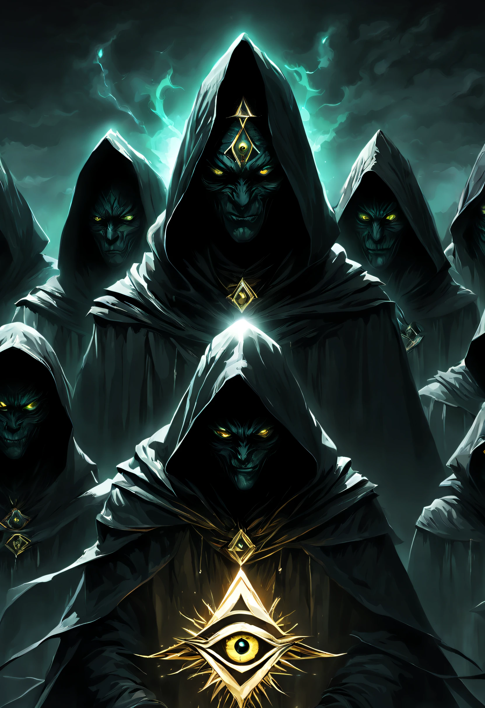 several evil people in hoods in dark robes on cerimony, Vector Sign of the All-Seeing Eye in piramidal structure, glow reptilian eyes, UHD, by Aleksi Briclot and Alessio Albi and Alexandre Cabanel
