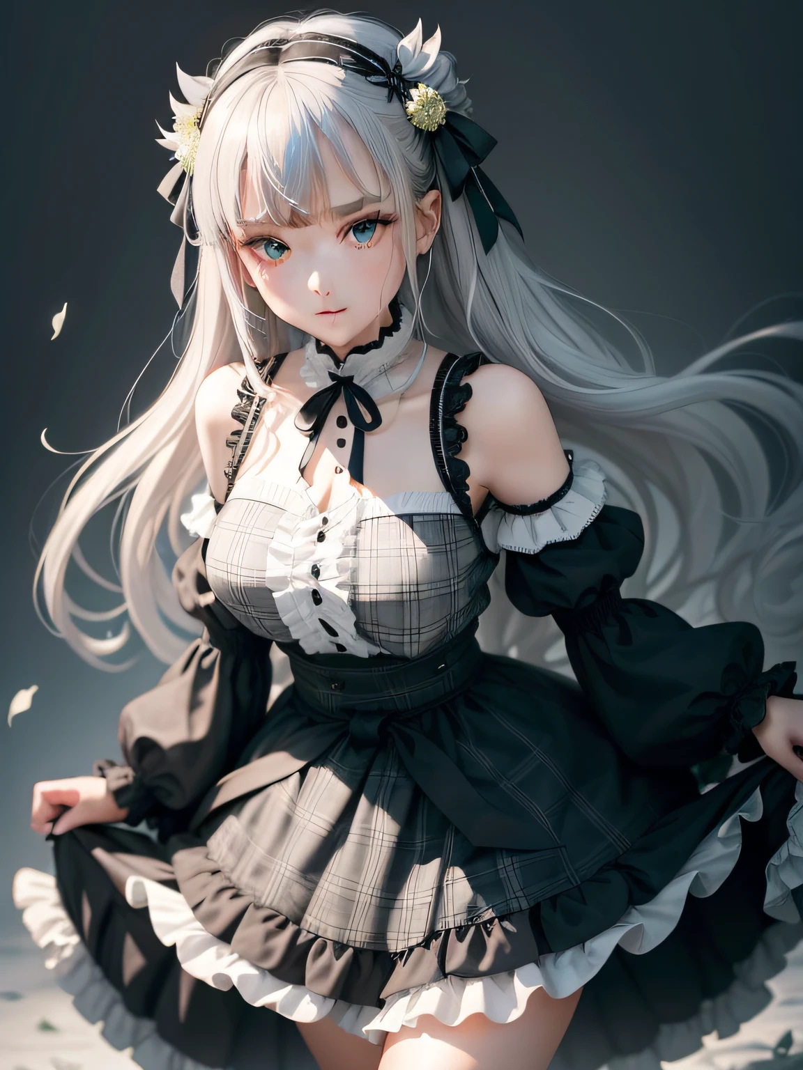 She has long silky silver-gray hair,Bright, Emerald-blue eyes,Exudes temperament。
Black and white,A short plaid gothic skirt was draped over her body,A fluffy ruffled skirt and a tight tunic create a silhouette reminiscent of ginkgo leaves。And she tied it behind her waist,It's not like an ordinary ribbon。great laughter、