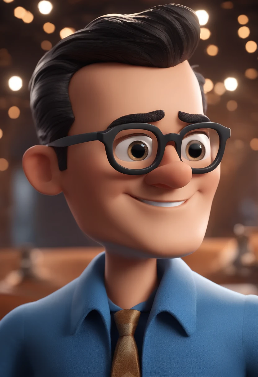 Cartoon character of a man with black glasses and a blue shirt, animation character, Caractere estilizado, animation style rendering, 3D estilizado, Arnold Maya render, 3 d render stylized, toon render keyshot, Personagem 3D, Personagem 3D, 3d rendering stylized, 3 d character render, personagem de desenho animado, Personagem de close up, Pose de personagem, (Estilo Pixar) (master part:1.2) (Bokeh) (best quality) (pele detalhada) (textura detalhada) (8k) (argila) (Cinematic lighting) (foco nítido
