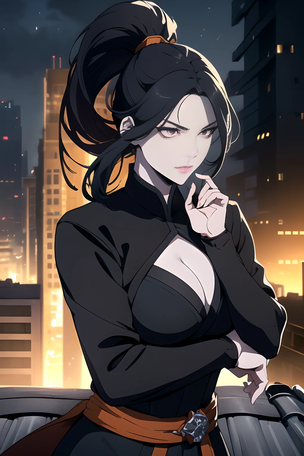 (Masterpiece, Best Quality), (A Gorgeous 25 Years Old Japanese Female Assassin), (Long, High Ponytail Black Hair:1.6), (Pale Skin:1.6), (Detailed Skin:1.2), (Dark Ruby Eyes:1.2), (Serious Looking), (Wearing Dark Colored Assassin Outfit with Orange Lining:1.4), (Busty Chest Size:1.4), (Cleavage:1.2), (Dynamic Pose:1.2), (City Building Rooftop at Night:1.6), Centered, (Waist-up Shot:1.2), From Front Shot, Insane Details, Intricate Face Detail, Intricate Hand Details, Cinematic Shot and Lighting, Realistic and Vibrant Colors, Masterpiece, Sharp Focus, Ultra Detailed, Taken with DSLR camera, Depth of Field, Incredibly Realistic Environment and Scene, Master Composition and Cinematography, castlevania style