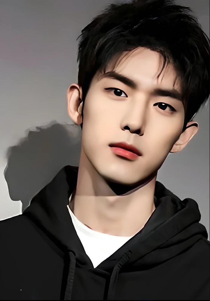 (Best quality, high resolution, masterpiece: 1.4), a tall and handsome man, slender abs ((Long black Hair )) hoodie(background is an interior modern bed), face and skin texture in beautifully presented details, detailed eyes, double eyelids