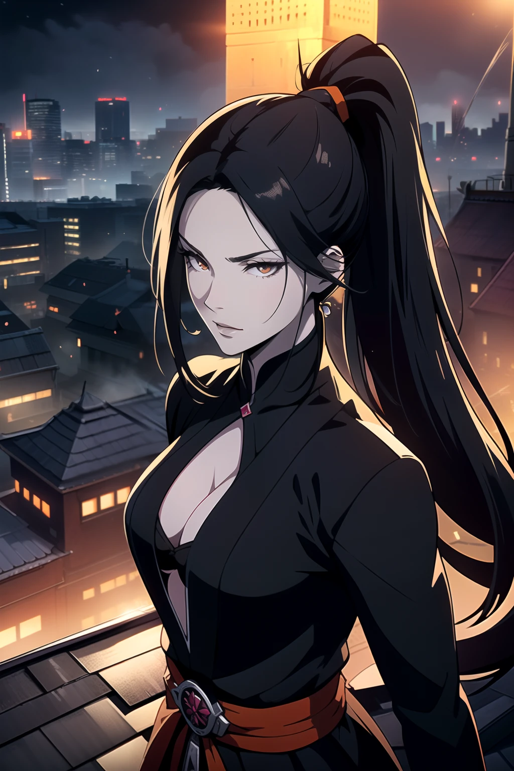 (Masterpiece, Best Quality), (A Gorgeous 25 Years Old Japanese Female Assassin), (Long, High Ponytail Black Hair:1.6), (Pale Skin:1.6), (Detailed Skin:1.2), (Dark Ruby Eyes:1.2), (Serious Looking), (Wearing Dark Colored Assassin Outfit with Orange Lining:1.4), (Busty Chest Size:1.4), (Cleavage:1.2), (Dynamic Pose:1.2), (City Building Rooftop at Night:1.6), Centered, (Waist-up Shot:1.2), From Front Shot, Insane Details, Intricate Face Detail, Intricate Hand Details, Cinematic Shot and Lighting, Realistic and Vibrant Colors, Masterpiece, Sharp Focus, Ultra Detailed, Taken with DSLR camera, Depth of Field, Incredibly Realistic Environment and Scene, Master Composition and Cinematography, castlevania style
