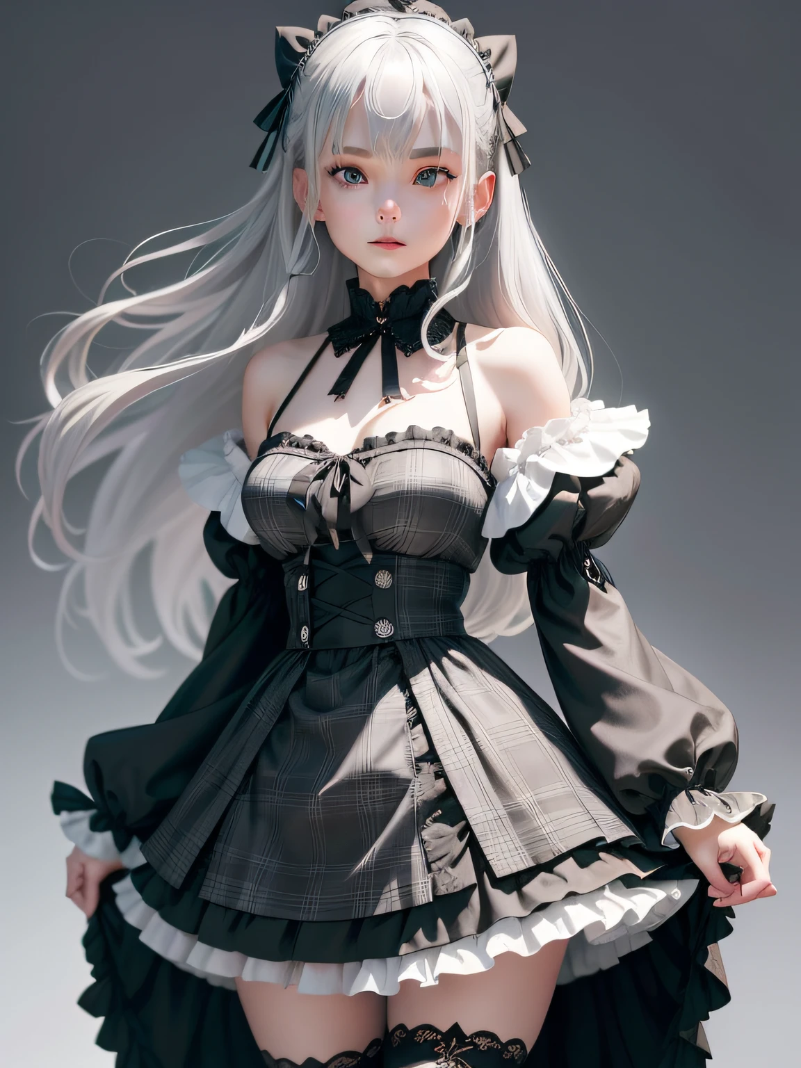 She has long silky silver-gray hair,Bright, Emerald-blue eyes,Exudes temperament。
Black and white,A short plaid gothic skirt was draped over her body,A fluffy ruffled skirt and a tight tunic create a silhouette reminiscent of ginkgo leaves。And she tied it behind her waist,It's not like an ordinary ribbon。great laughter、