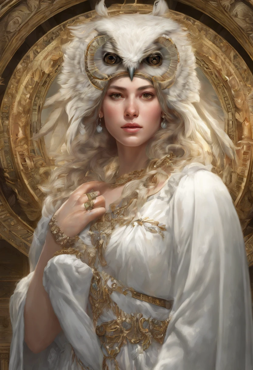 Surrealist art style (A huge pure white vulture stands on Athena's shoulder), (Pure white owl: 1.37), Pure white owl, Pure white owl, (Stand on the shoulder: 1.37) The owl's face is round, (wide blue eyes: 0.8), very large eyes, Short curved beak, Thick, Pure white feathers, The owl's talons are very stout, Pure white, It is a unique and beautiful creature，The wonders and wisdom of nature are on display,(Stand on Athena's shoulders),
(The left half of Athena's body: 0.8), The eyes of the goddess were bright and large, Charming and majestic, Her facial contours are elegant and refined, Her Greek nose is straight, Her hair is blonde or dark, Long and smooth, Her mouth is often pursed tightly, Show her determination and determination. Her skin is fair and flawless, ivory skin, Dignified and beautiful, Shining golden light, Wearing an olive branch,,{{Masterpiece}}, {{{Best quality}}},{{Ultra-detailed}}, {{illustration}},{{Disheveled hair}},{{Masterpiece}},{{{Best quality}}},{{Ultra-detailed}}, {{{illustration}}},{{Disheveled hair}},concept art of character,Game scene graph,A beautiful painting by Alphonse Mucha,illustration,Masterpiece,Matte painting,Enigmatic Atmosphere,Caricature,Depth of field (degrees of freedom),full bodyesbian,Close up,Dramatic lighting