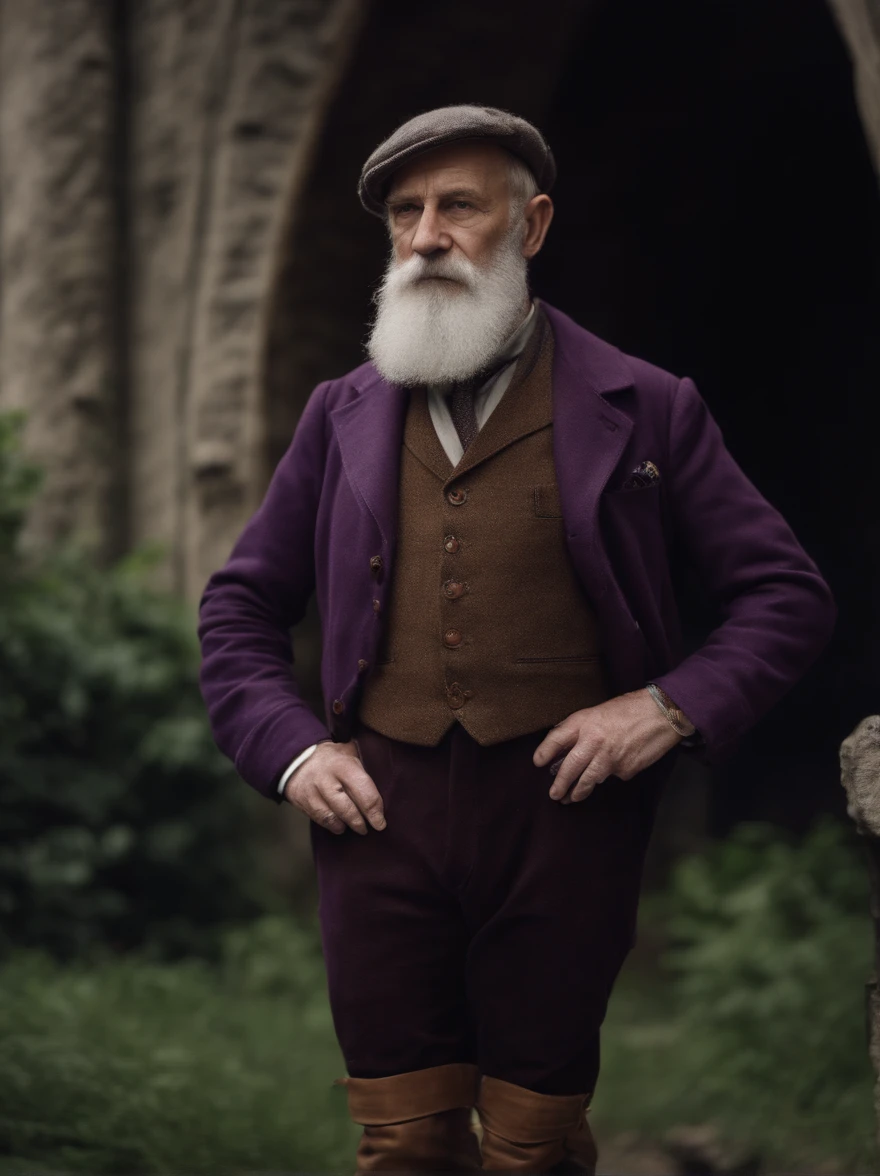 Sigmund Freud wears a modern mountain climbing outfit with purple clothes