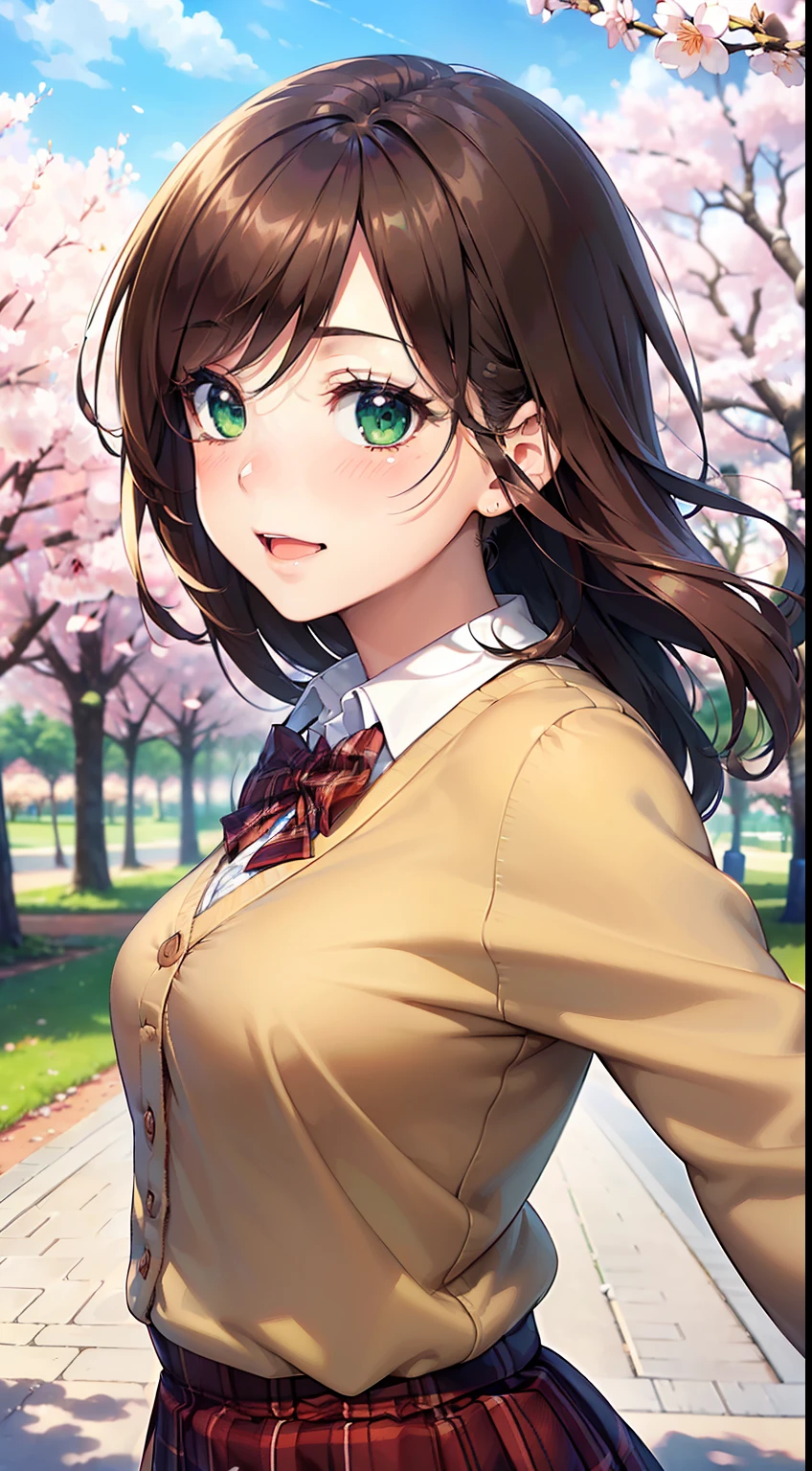Anime girl with long brown hair and green eyes standing in a park ...