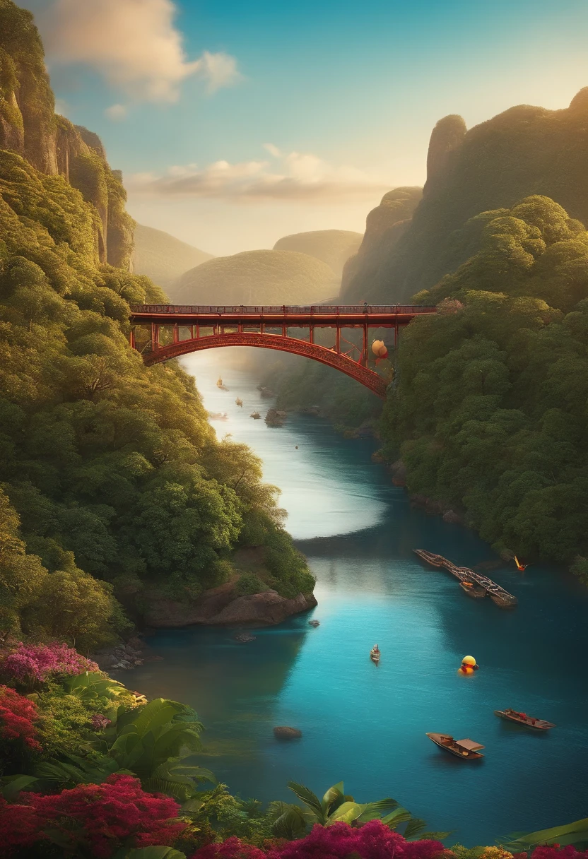 Imagem estilo pixar fundo da imagem uma ponte e com rio e arvores atras