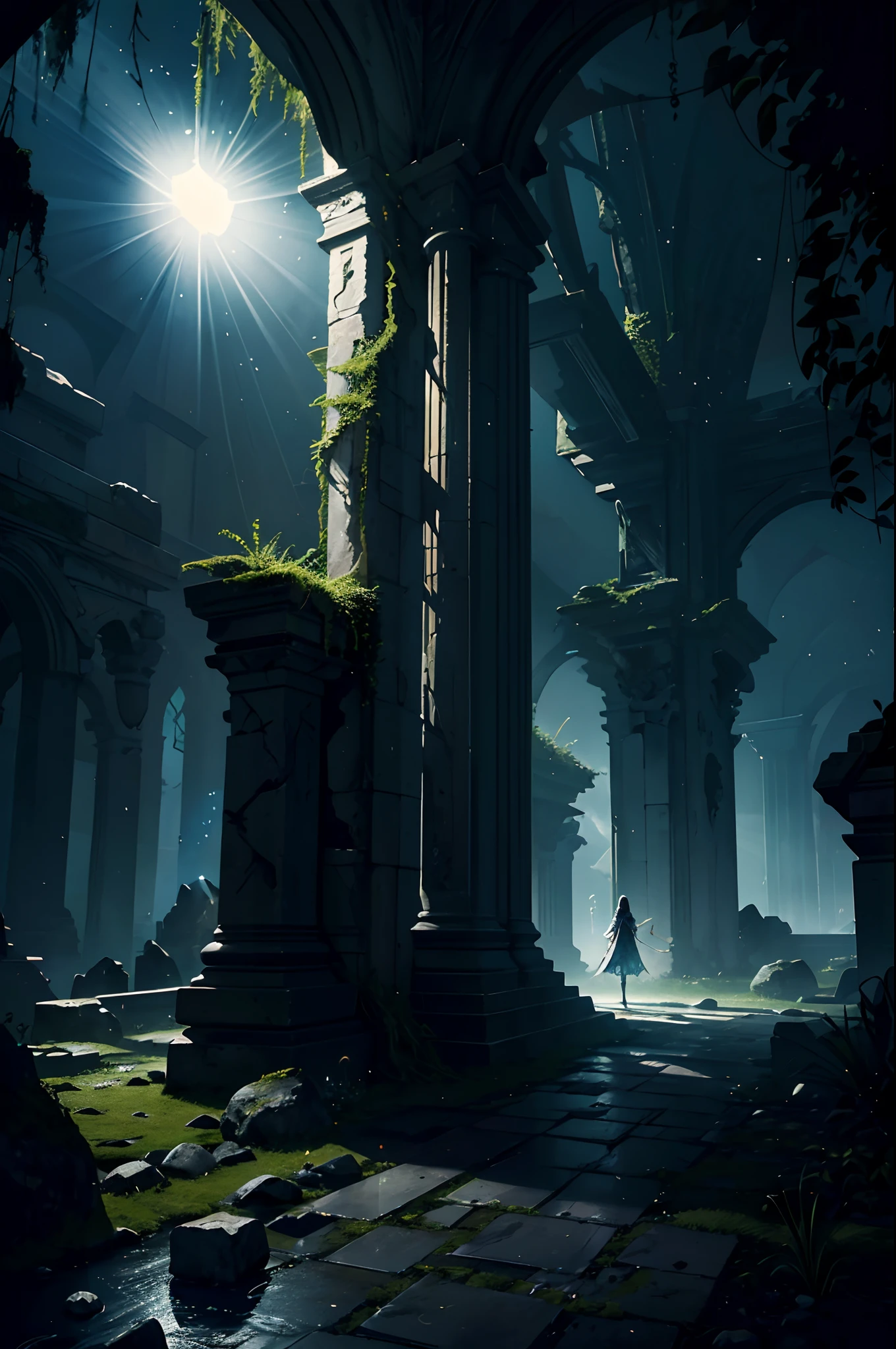(best quality,4k,8k,highres,masterpiece:1.2),ultra-detailed,(realistic,photorealistic,photo-realistic:1.37),young sorcerer floating with a ball of light in hand,shining light,ruins,ancient atmosphere,dramatic shadows,dusty environment,mysterious aura,wispy tendrils of light,glowing runes,ethereal,arcane magic,floating debris,broken pillars,crumbling walls,moss-covered stones,ancient carvings,marbled textures,dark and ominous sky,moonlight illuminating the scene,subtle glow on the sorcerer's face,draped in a tattered cloak,ornate staff with intricate engravings,sparkling particles in the air,magic energy pulsating,otherworldly and surreal,enchanted ambiance,spellbinding scene,dynamic and captivating,rich and vibrant colors,contrast between light and darkness,play of light and shadows,whispering winds,whimsical and fantastical,ancient secrets unveiled,luminous and captivating.