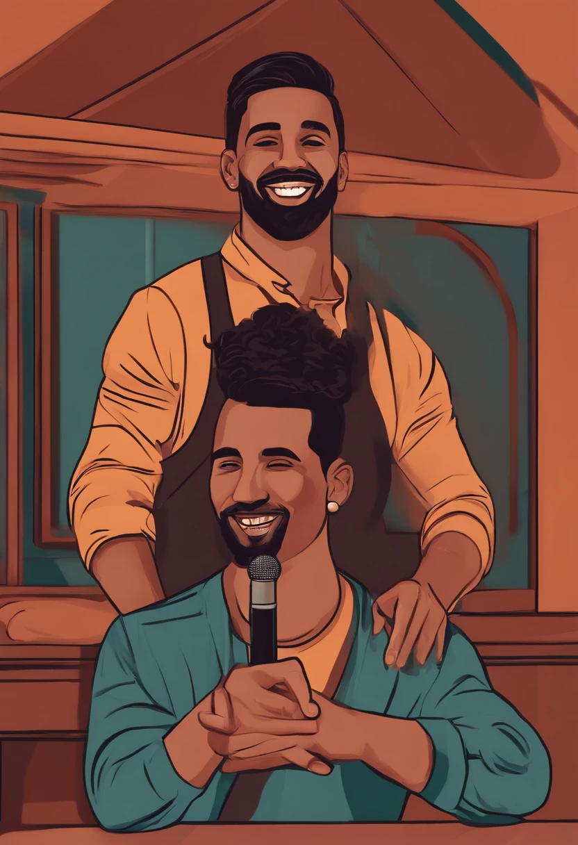 Créer une illustration d'un narrateur homme souriant et engageant culture maroccaine, parlant devant un microphone ou une caméra, avec un arrière-plan dynamique représentant une vidéo TikTok instructive