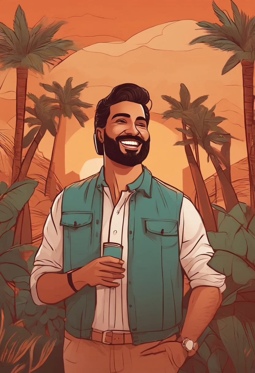 Créer une illustration d'un narrateur homme souriant et engageant culture maroccaine, parlant devant un microphone ou une caméra, avec un arrière-plan dynamique représentant une vidéo TikTok instructive