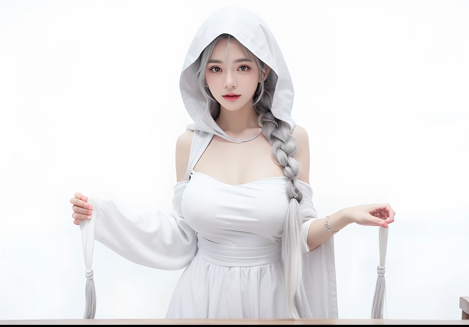 1girl, Pavolia Reine, (Long Hair, one Braid, Gray Hair, White Hood, Big Breast), White Dress, realistic, ultra detail, 70mm lens, Looking At Viewer