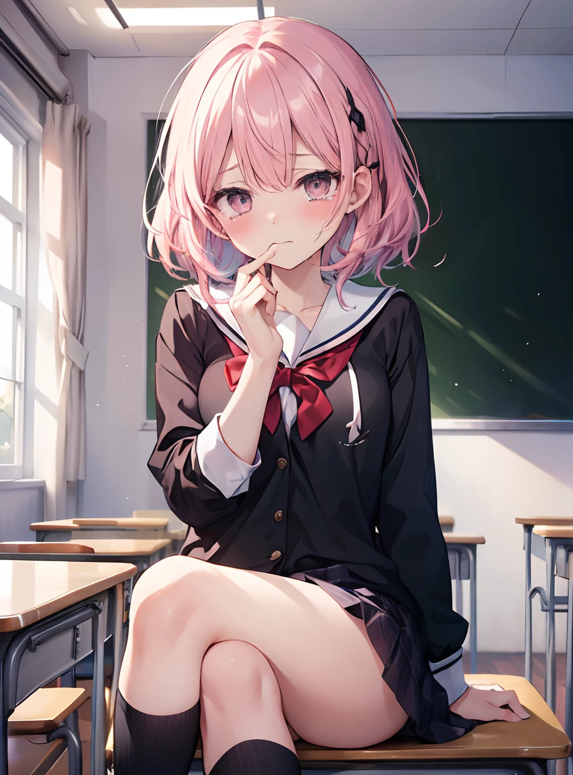 ((Masterpiece)), ((Best quality)), ((high definition 4k |)), ((Female character)),girl wearing school uniform，（A pink-haired），sitting in classroom，Blushing，Mouth closed，embarrassing expression，Tears flashed in the corners of his eyes，Facing the audience，Shy emotions，red puffy eyes。Backstory, ((in a school)), details in the environment, surrounding objects, ((lighting))，（），（nakeness），((be violated)),