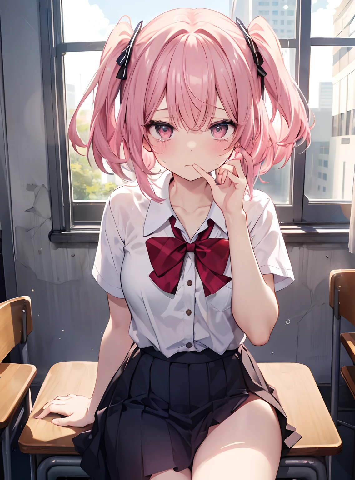 ((Masterpiece)), ((Best quality)), ((high definition 4k |)), ((Female character)),girl wearing school uniform,(A pink-haired),sitting in classroom,Blushing,Mouth closed,embarrassing expression,Tears flashed in the corners of his eyes,Facing the audience,Shy emotions,red puffy eyes。Backstory, ((in a school)), details in the environment, surrounding objects, ((lighting)),(),(nakeness),((be violated)),