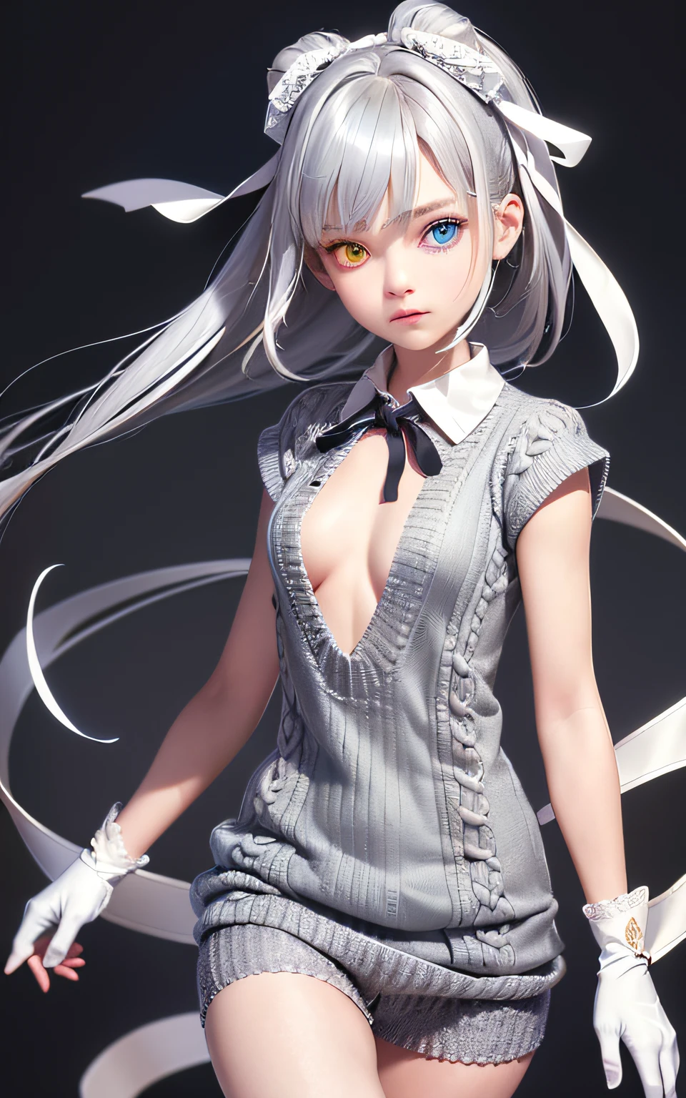 Superb Creation, High Resolution, Best Quality, UHD, Super Detail, Award-Awarded, 16k, (Upper Body), A Beautiful Maiden, Gray Hair, Hair, ((Heterochromia), Hanging Corners, Fair Skin, (Small Breasts), (Slim Figure), ((Sweater)), (Ribbon Collar), (Short gloves as short as half a palm)