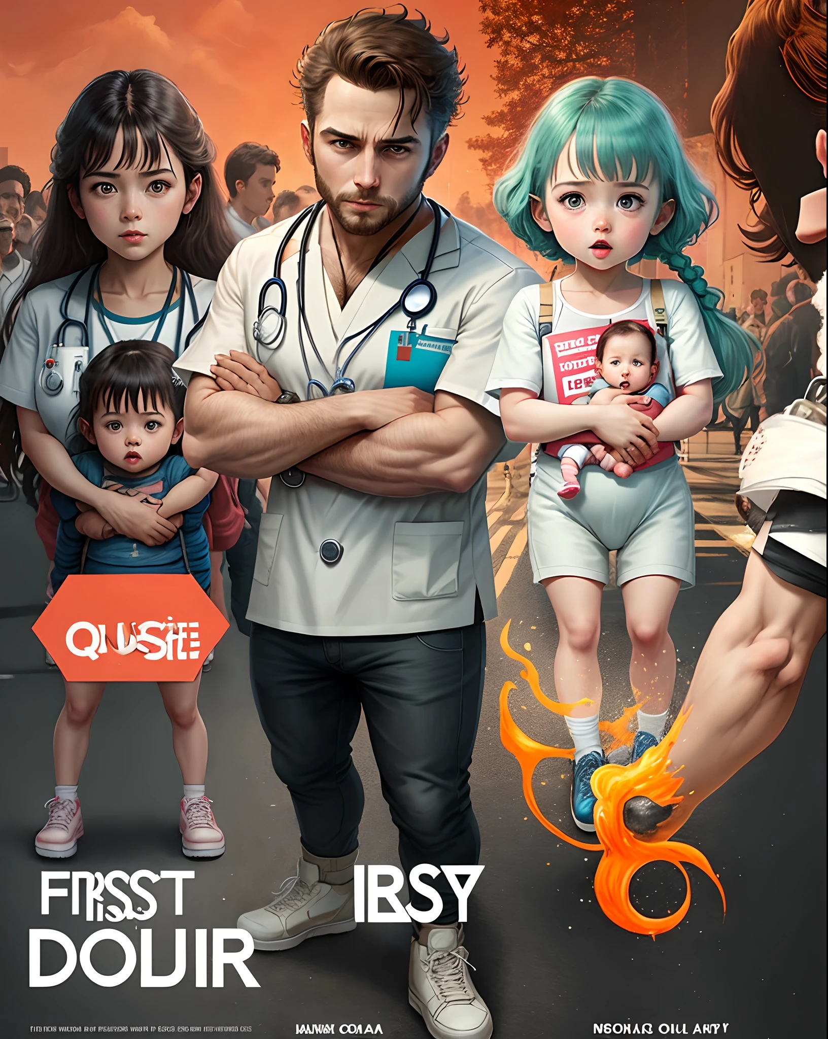 Create a movie poster about a first aid course for children and babies where there is a white doctor, que usa barba na capa. Movie Title JF