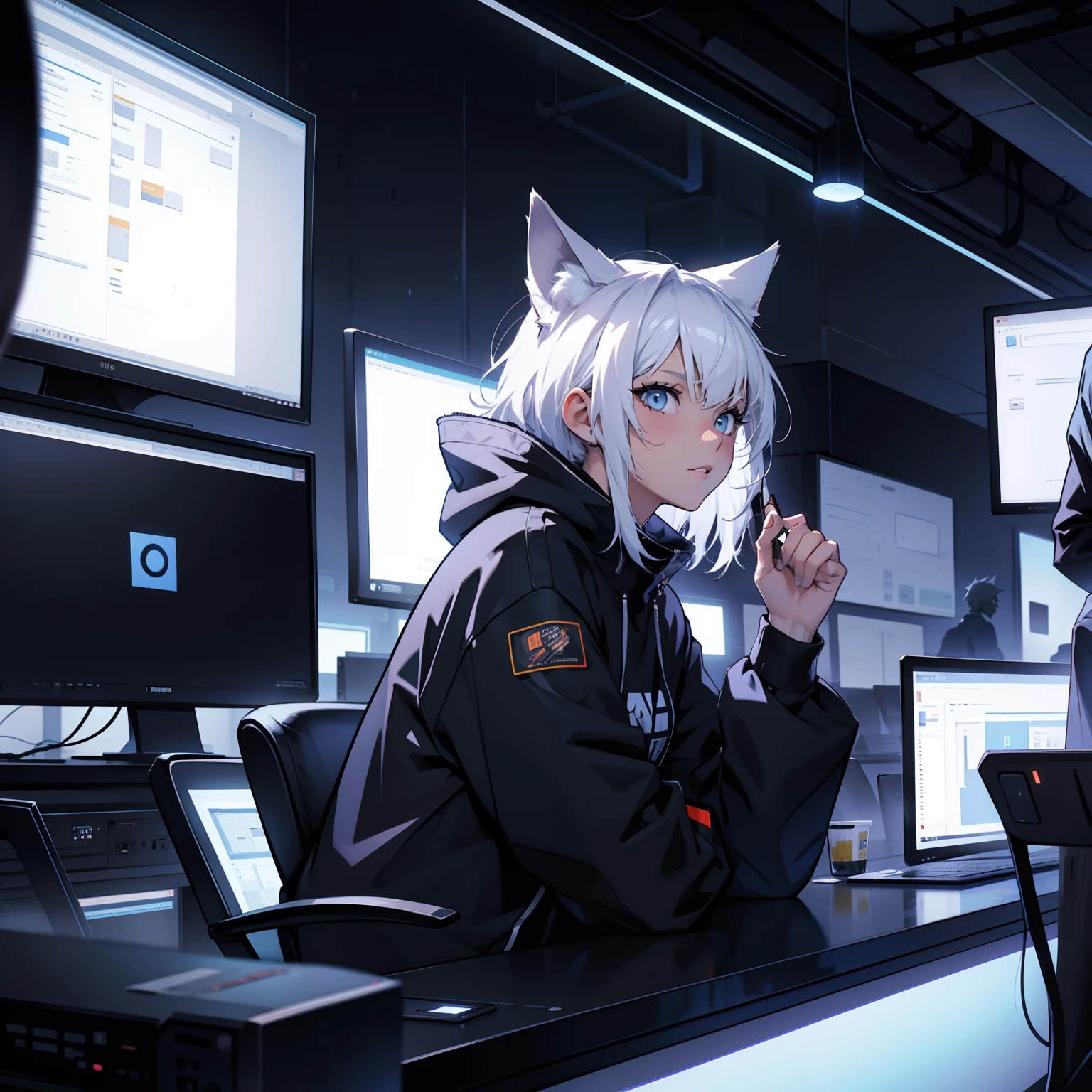 hacker,1girl in,coyote,white  hair,illustratio,Multiple monitors