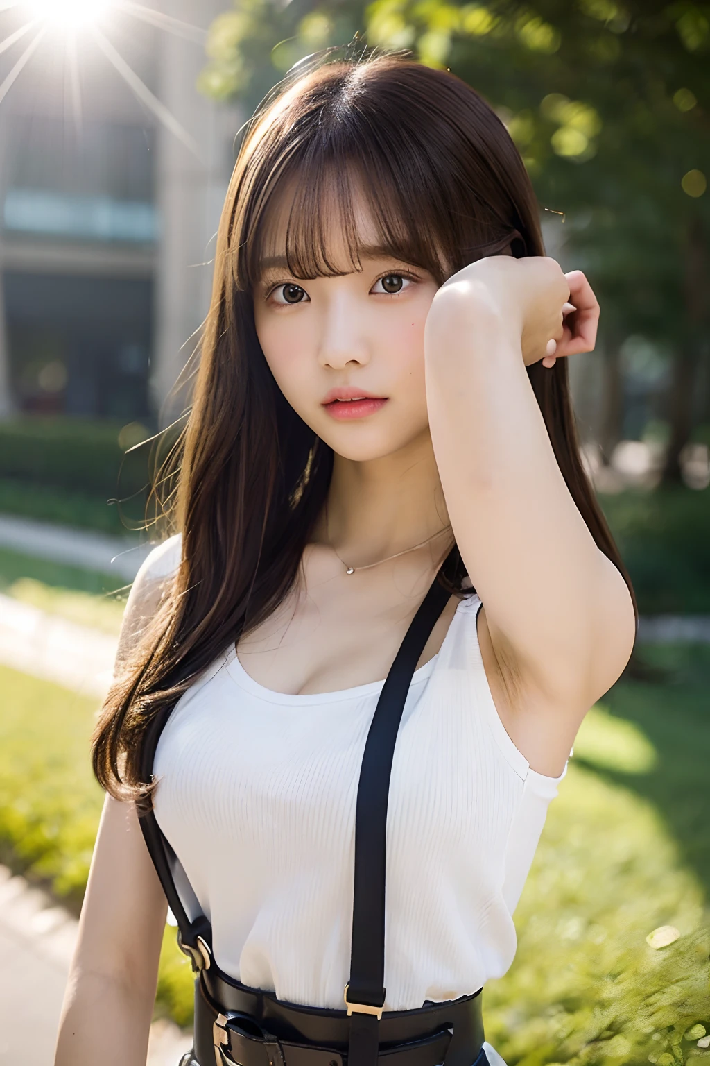 ​masterpiece、flat-colors、depth of fields、lens flare 1 girl、、Brown hair、watching at viewers　　　　a belt　black suspenders　　　large full breasts　　　 　 Armpit sweat　perspiring　Side of both hands　　walls: 　Black pants, 　Gaze　　　Small face　Bangs Upper Eyes　flank