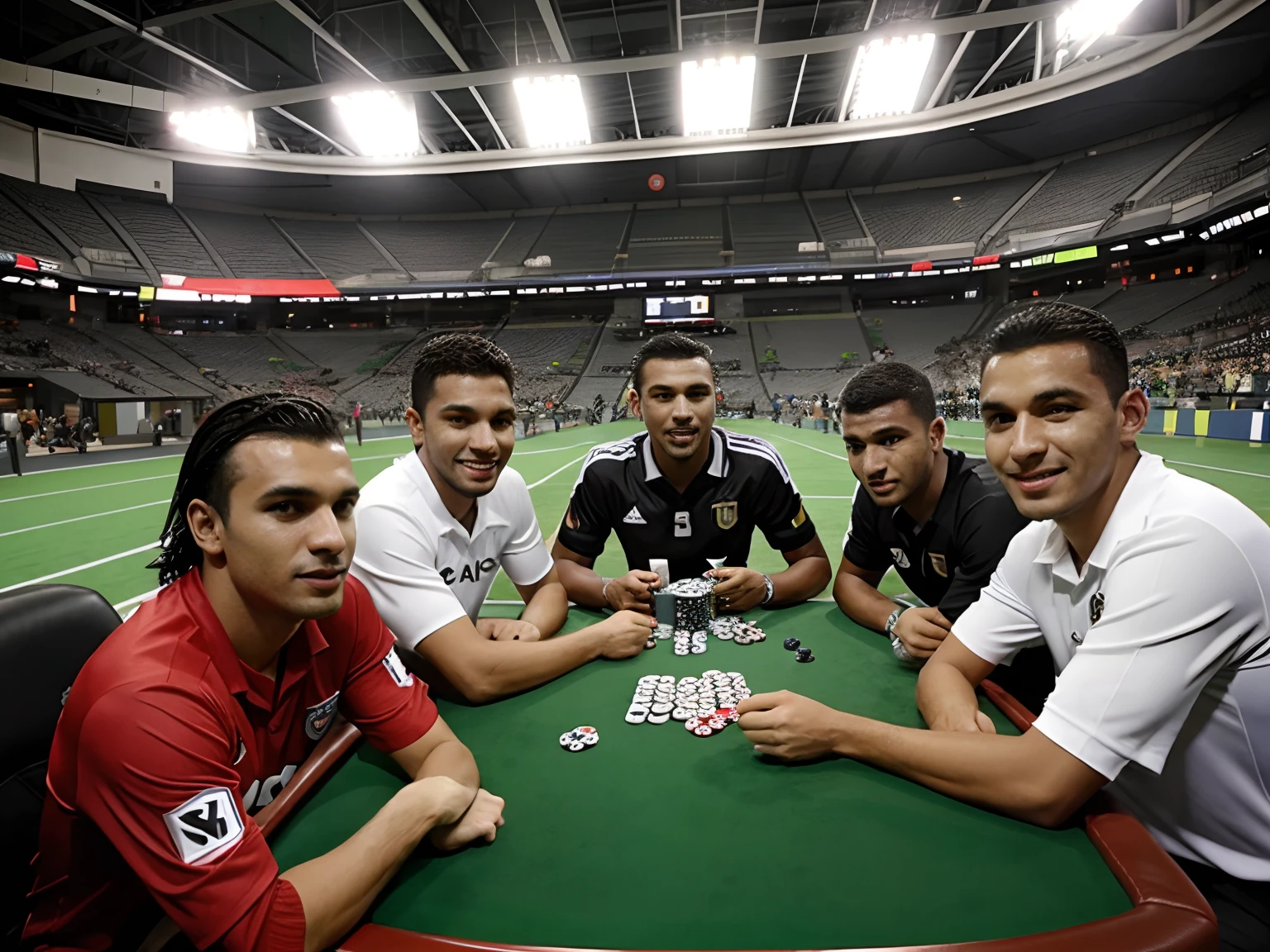 Um jogo de poker com homens brasileiros reais em uma arena de futebol com pessoas reais excitadas na arquibancada.