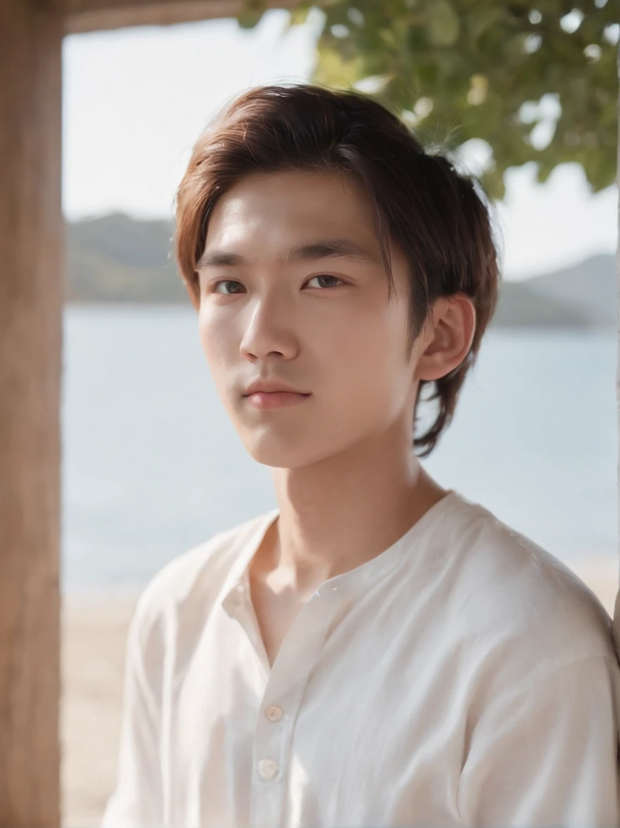 Hidemi Shimada,japanese boy , 18 years old, pupils, seaside, Boy,White shirt, Sunlight, light, Focal length 35mm, Angle, Natural light, Bright, Soft, Minimalist, Clear subject, Shot with a half-body shot,Photography, Cinematic, high detailing, hyper quality, High resolution, hard disk, 8K, romanticism, close-up, Digital SLR, Character,