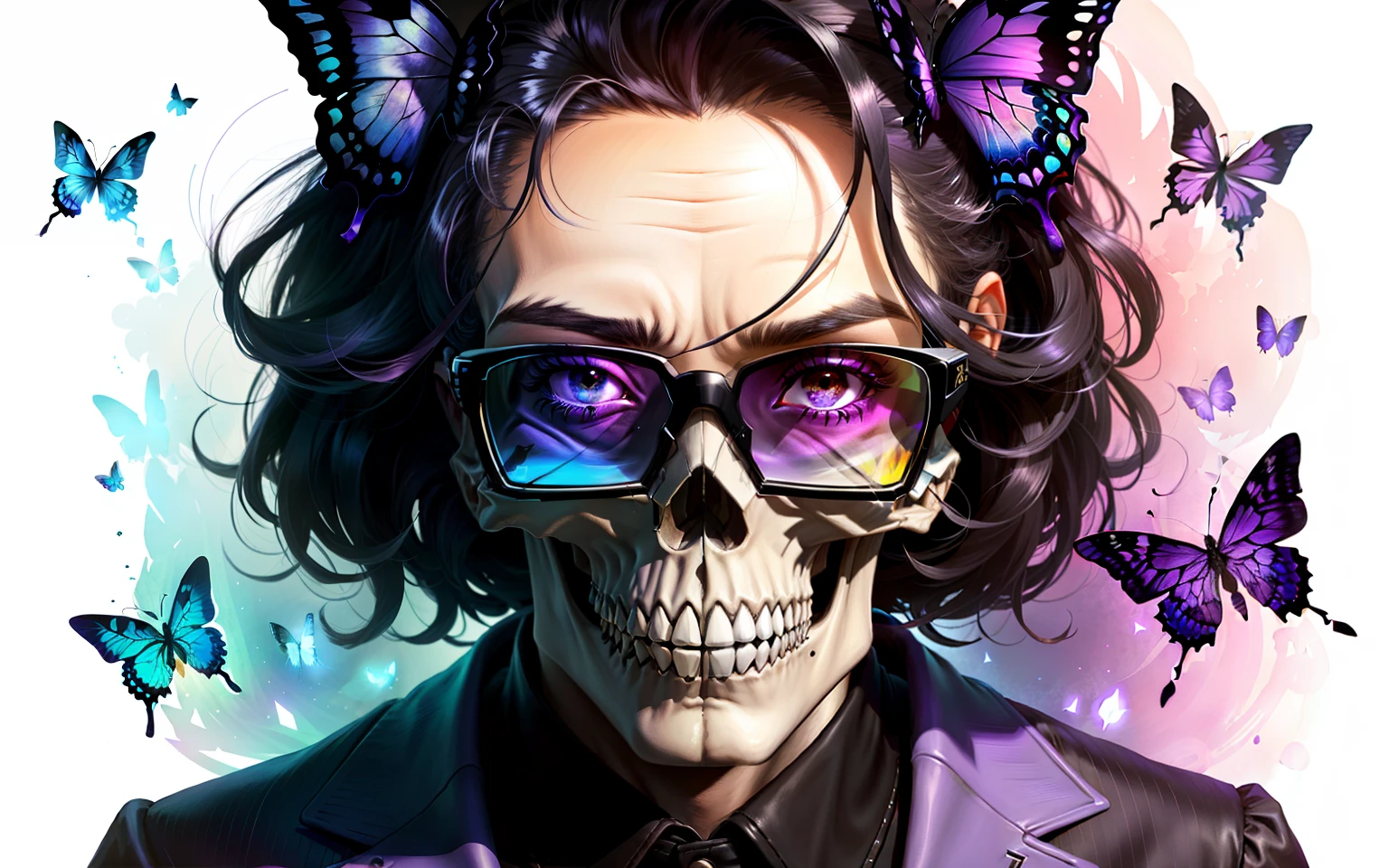 A skull with glasses and a black-purple butterfly swarming to it