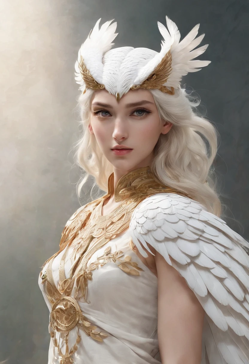 Surrealist art style (A huge pure white vulture stands on Athena's shoulder), (Pure white owl: 1.37), Pure white owl, Pure white owl, (Stand on the shoulder: 1.37) The owl's face is round, (wide blue eyes: 0.8), very large eyes, Short curved beak, Thick, Pure white feathers, The owl's talons are very stout, Pure white, It is a unique and beautiful creature,The wonders and wisdom of nature are on display,(Stand on Athena's shoulders),
(The left half of Athena's body: 0.8), The eyes of the goddess were bright and large, Charming and majestic, Her facial contours are elegant and refined, Her Greek nose is straight, Her hair is blonde or dark, Long and smooth, Her mouth is often pursed tightly, Show her determination and determination. Her skin is fair and flawless, ivory skin, Dignified and beautiful, Shining golden light, Wearing an olive branch,,{{Masterpiece}}, {{{Best quality}}},{{Ultra-detailed}}, {{illustration}},{{Disheveled hair}},{{Masterpiece}},{{{Best quality}}},{{Ultra-detailed}}, {{{illustration}}},{{Disheveled hair}},concept art of character,Game scene graph,A beautiful painting by Alphonse Mucha,illustration,Masterpiece,Matte painting,Enigmatic Atmosphere,Caricature,Depth of field (degrees of freedom),full bodyesbian,Close up,Dramatic lighting