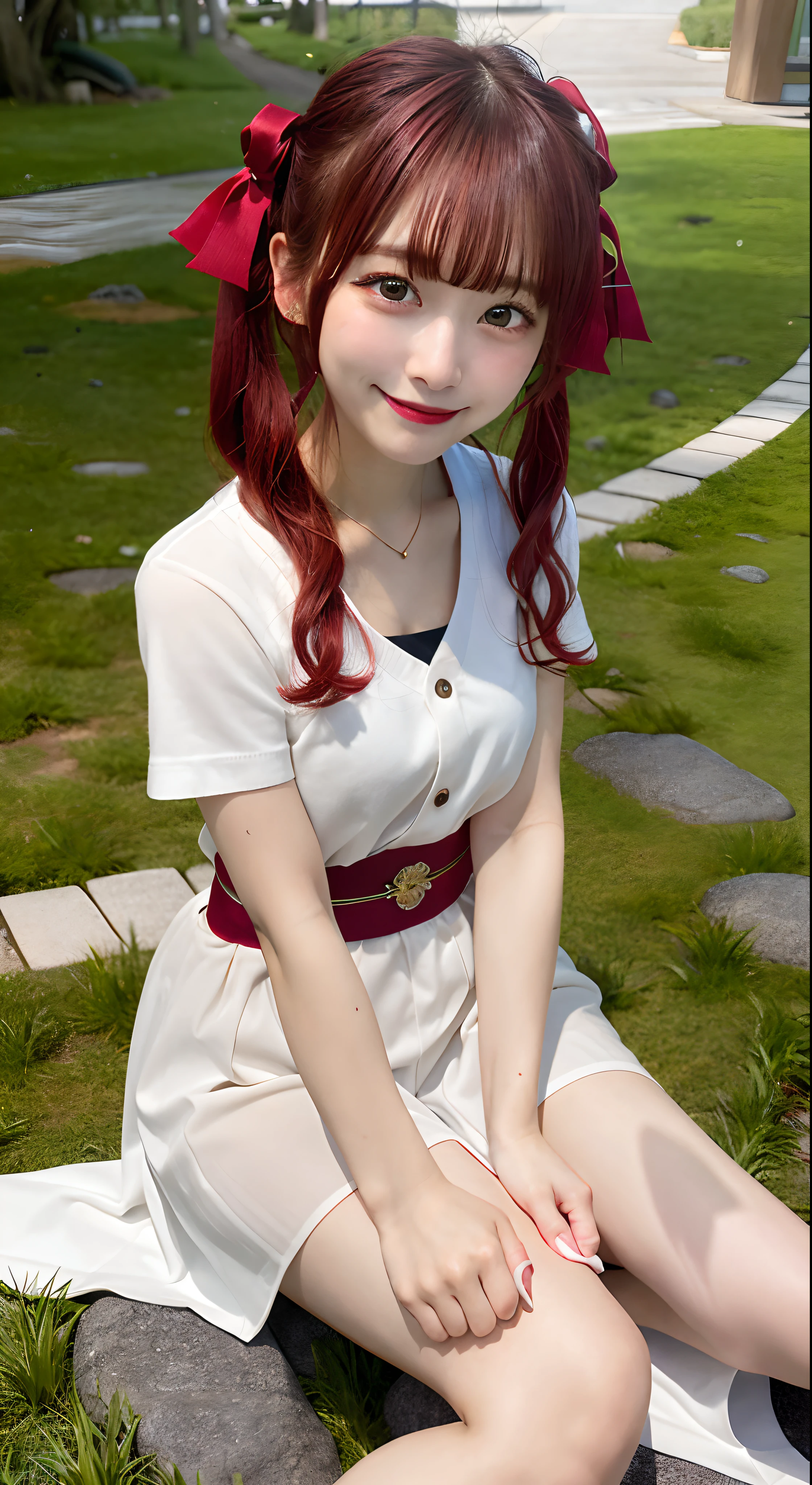 Marine Hosho, Red hair, Twin-tailed, Heterochromia, Hair Ribbon,,A smile、Knee sitting、lawn,(japanes:1.4)