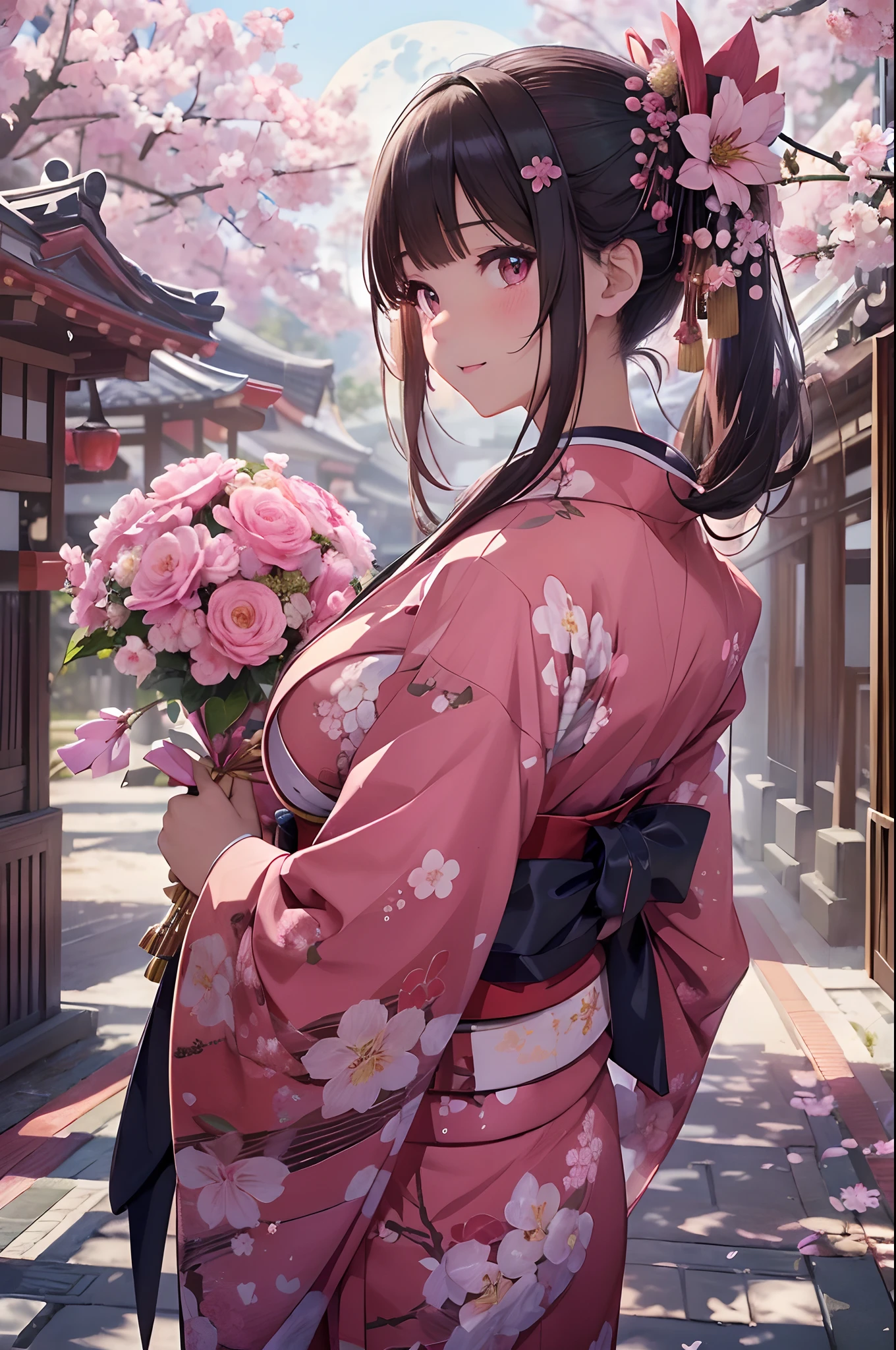 ((masterpiece1.5)),hyper quality, Hyper Detailed,Perfect drawing,1girl in,((very Bigger breasts)),kawaii ,With smiling eyes,(((Beautiful kimono))),(Beautiful lingerie),(((Luxury kimono))). 。.3D,16K illustrations,((clearface)),Hi-Res,nice background、(((beatiful backgrounds)))、(((Detailed drawing)))、Perfect Beautiful Girl、(((Perfect Photo)))、kirakira、shiny、a gorgeous、high-class sense、A dark-haired、(((pink seduction background)))、(A sexy、Busty body)、((Big round buttocks))、(thin-waist)、a closeup、top-quality、Red face、​master piece,hyper quality, Hyper Detailed,Perfect drawing,。.3D,16K illustrations、Hi-Res、1 persons、japanaese girl、A dark-haired、poneyTail、Red ribbons、Cute even though her eyes are tight、(((luxury
kimono)))、Japan clothes、Pose with buttocks sticking out、(((Holding a wrapped bouquet)))、Back view、Detailed drawing、Best Quality, Capture super cute moments, depth of fields, ultra-detailliert,  High resolution, C4D, Octadale, 。.3D Modeling, Delicate and detailed depiction、Shooting from the back diagonally below、Moon Rig