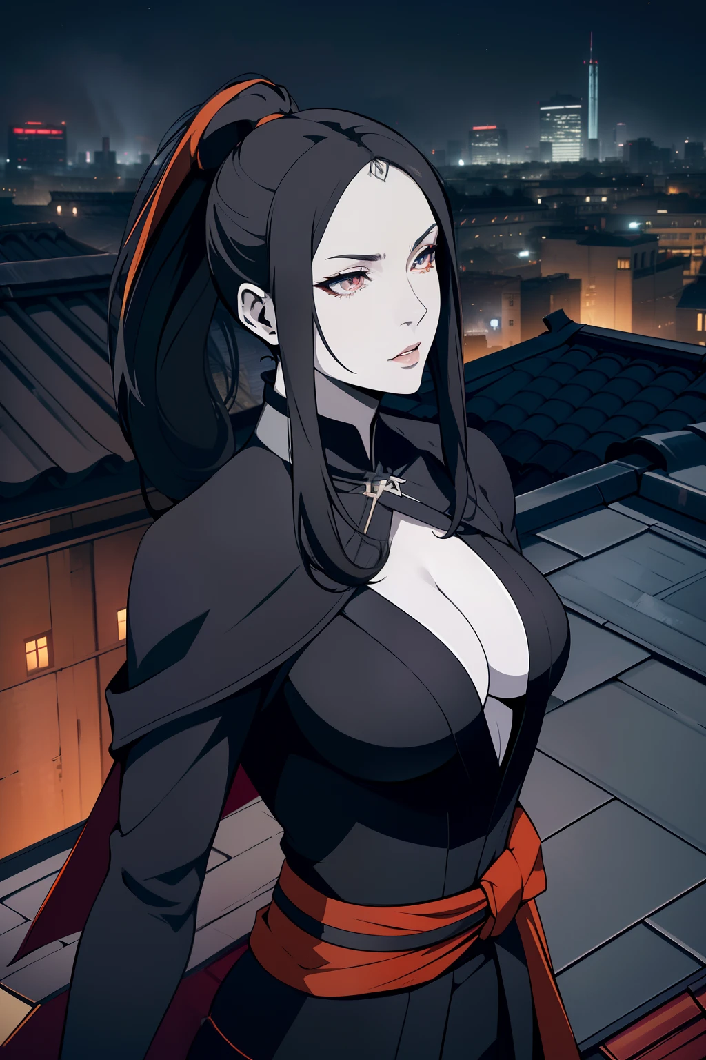 (Masterpiece, Best Quality), (A Gorgeous 25 Years Old Japanese Female Assassin), (Long, High Ponytail Black Hair:1.6), (Pale Skin:1.6), (Detailed Skin:1.2), (Dark Ruby Eyes:1.2), (Serious Looking), (Wearing Dark Colored Assassin Outfit with Orange Lining:1.4), (Busty Chest Size:1.4), (Cleavage:1.2), (Dynamic Pose:1.2), (City Building Rooftop at Night:1.6), Centered, (Waist-up Shot:1.2), From Front Shot, Insane Details, Intricate Face Detail, Intricate Hand Details, Cinematic Shot and Lighting, Realistic and Vibrant Colors, Masterpiece, Sharp Focus, Ultra Detailed, Taken with DSLR camera, Depth of Field, Incredibly Realistic Environment and Scene, Master Composition and Cinematography, castlevania style