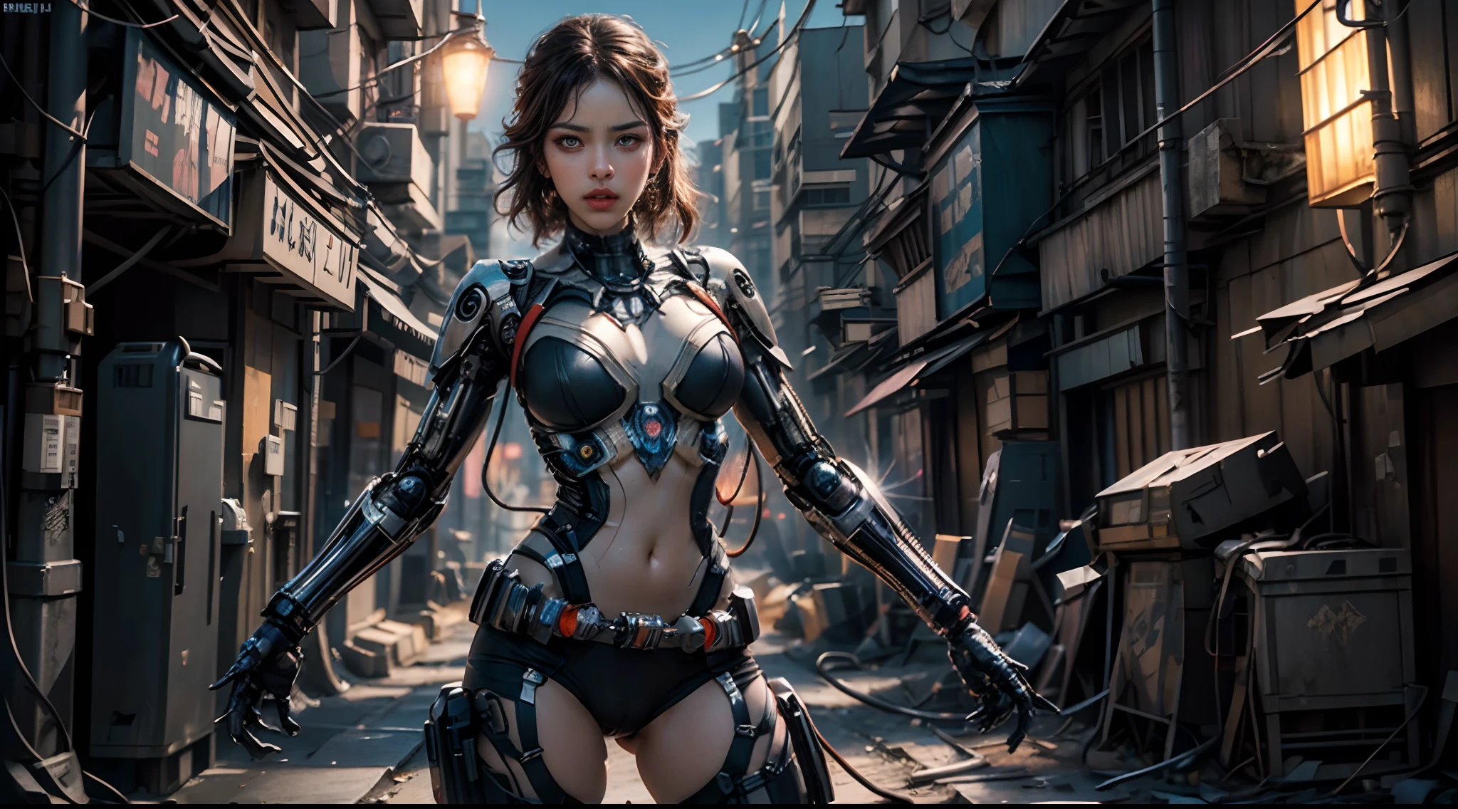 ((extremely delicate and beautiful cybernetic girl)), ((mechanical limbs)), ((detailed face and eyes)) (blood vessels connected to tubes), (mechanical vertebrae), ((mechanical cervical attaching to neck)), (wires and cables attaching to neck:1.2), ((mass of wires and cables on head)), (character focus), (((dynamic pose))), nipple breast on cloths, ((cowboy shot)), (masterpiece), (((best quality))), ((ultra-detailed)), (highly detailed photorealistic CG illustration), ((big tits)) cinematic lighting, science fiction, extremely detailed,colorful,highest detail, ((black panty, crotch exposed)), holding sniper, nsg, gun, cyberpunk city background.