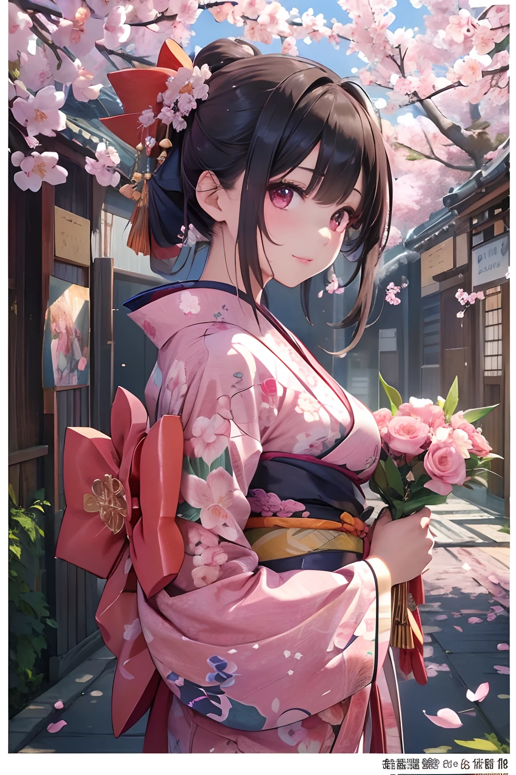 ((masterpiece1.5)),hyper quality, Hyper Detailed,Perfect drawing,1girl in,((Bigger breasts)),kawaii ,With smiling eyes,(((Beautiful kimono))),(((Luxury kimono)))、(Beautiful embroidery),。.。.3D Photography,16K illustrations,((clearface)),Hi-Res,nice background、(((beatiful backgrounds)))、(((Detailed drawing)))、Perfect Beautiful Girl、(((Perfect Photo)))、kirakira、shiny、a gorgeous、high-class sense、A dark-haired、(((pink seduction background)))、(thin-waist)、top-quality、Red face、​master piece,hyper quality, Hyper Detailed,Perfect drawing,。.。.。.3D,16K illustrations、Hi-Res、1 persons、japanaese girl、A dark-haired、poneyTail、Red ribbons、Cute even though her eyes are tight、(((luxury
kimono)))、(((In a wrapped bouquet)))、((Plum blossoms))、((peach blossoms))、((cherryblossom))、Back view、Detailed drawing、Best Quality, Capture super cute moments, depth of fields, ultra-detailliert,  High resolution, C4D, Octadale, 。.。.3D Modeling, Delicate and detailed depiction、Shooting from the back diagonally below、((moonlights))、superclear、Full of charm、masuter pie